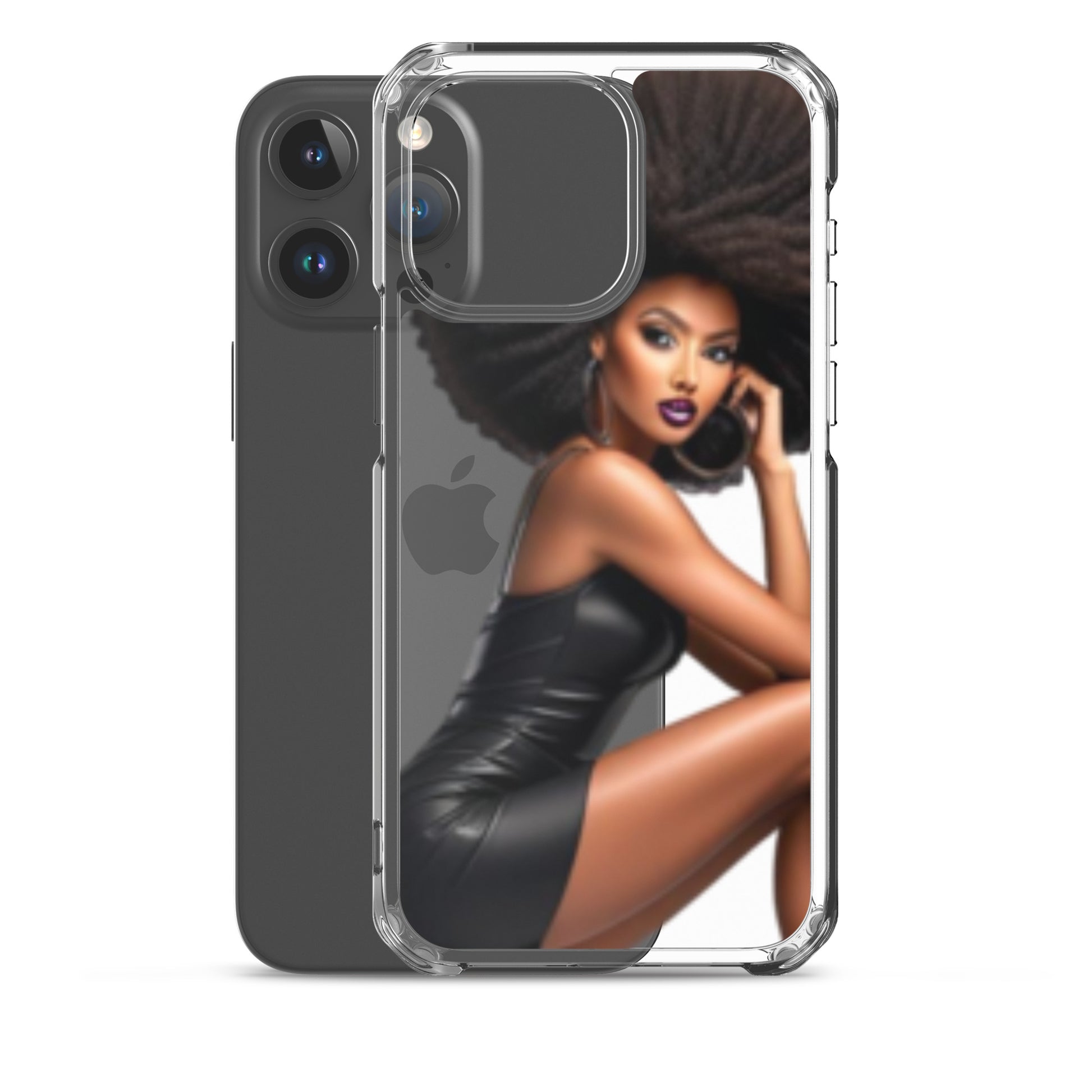 Clear protective cover featuring a confident Black woman with an afro hairstyle in a black dress, designed for the Stiletto Queen Clear iPhone® Case, celebrating faith and melanin-rich imagery.