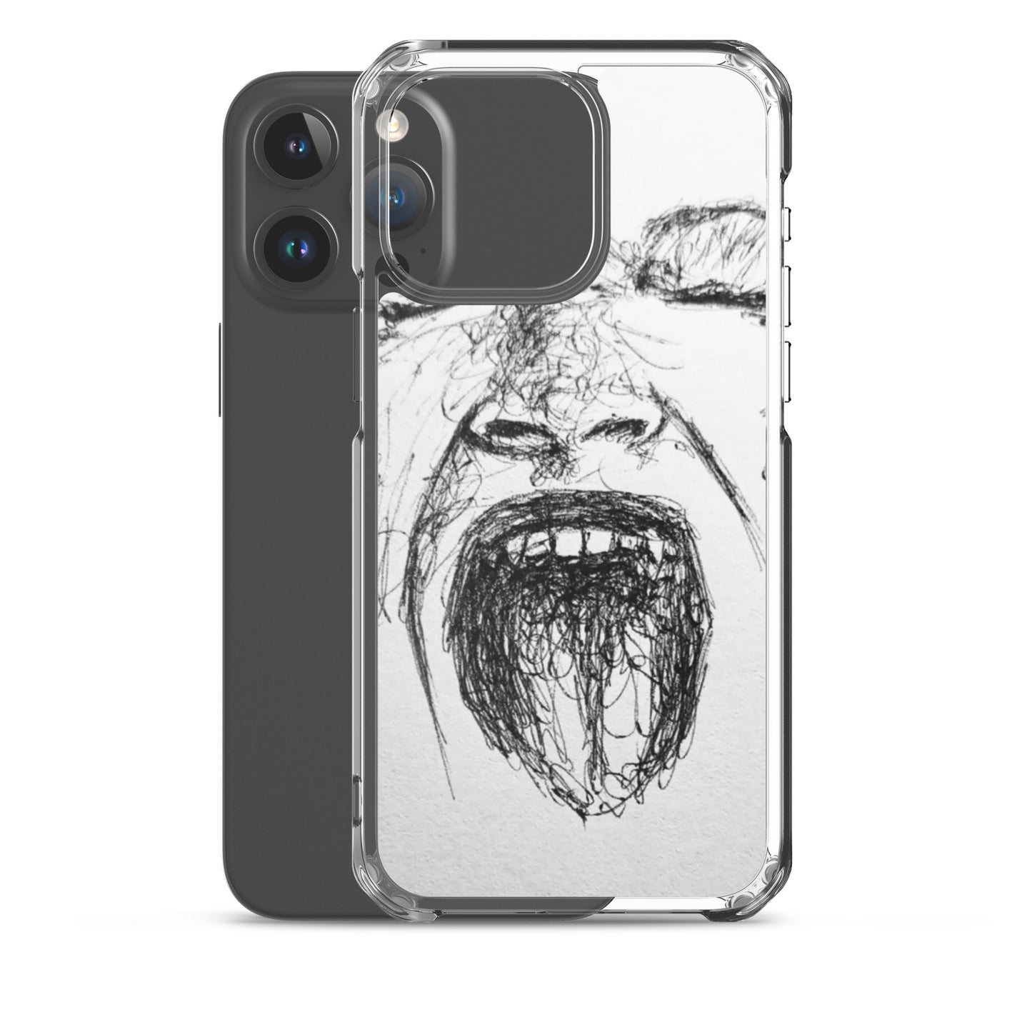 She Screams Clear iPhone® Case with artistic black sketch of a screaming face, combining protection and faith-inspired, purpose-driven messaging for melanin-rich imagery enthusiasts.
