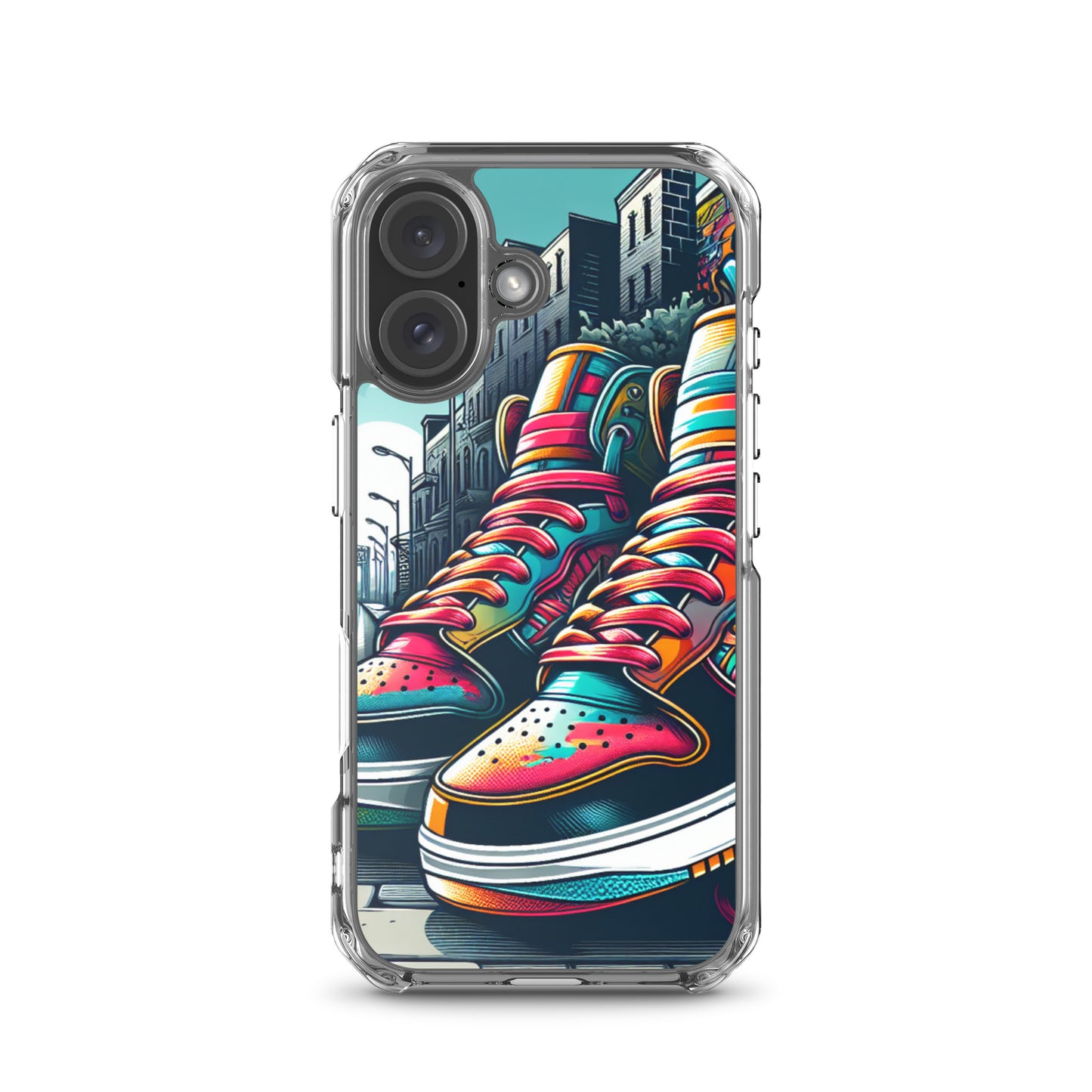 Clear Case – Sneaker on the Block features a vibrant, detailed sneaker design with colorful laces and urban background, reflecting melanin-rich imagery and purpose-driven messaging.