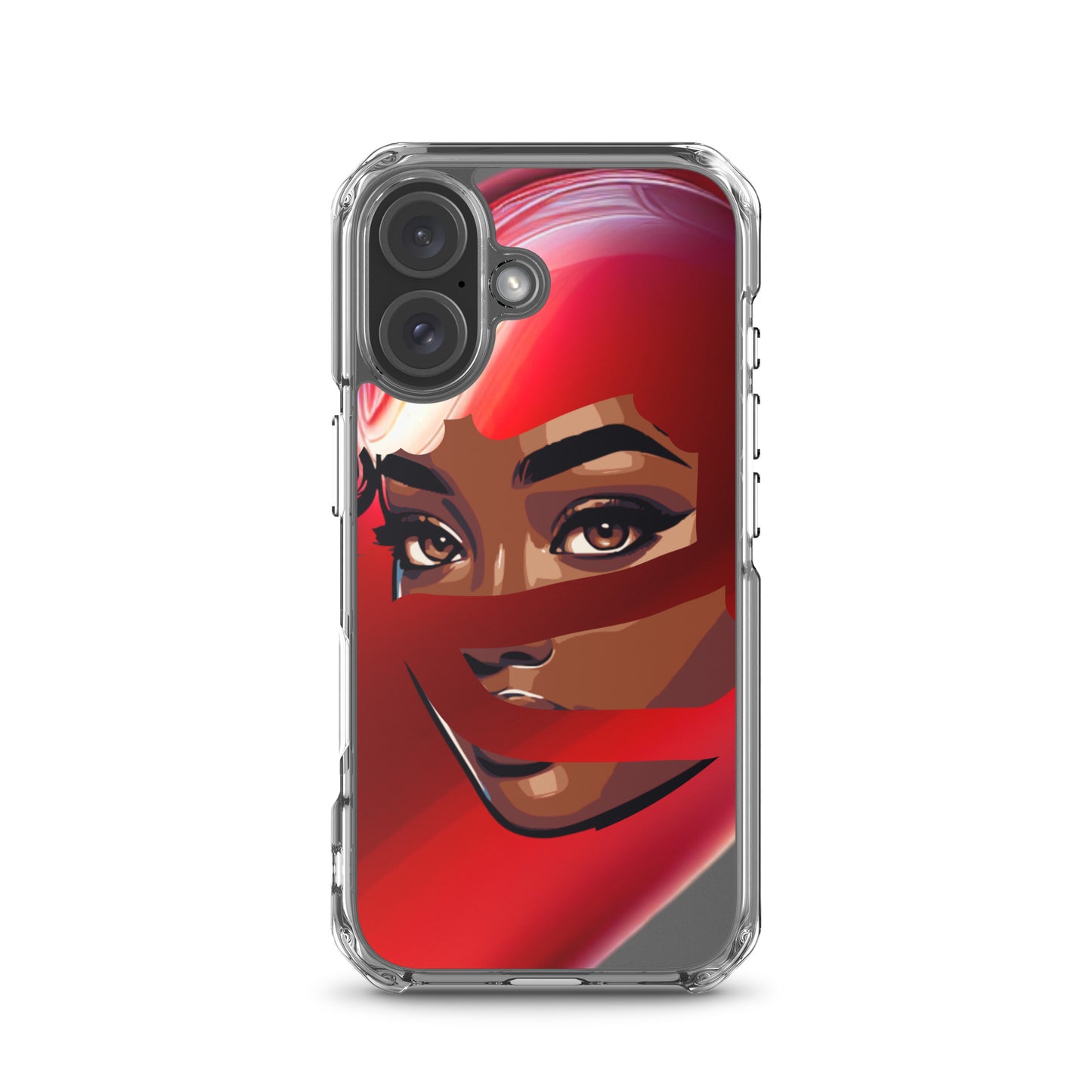 Clear iPhone® case featuring vibrant artwork of a confident woman wearing a red scarf, blending melanin-rich imagery with purpose-driven messaging, Red Scarf Mystery Clear iPhone® Case.