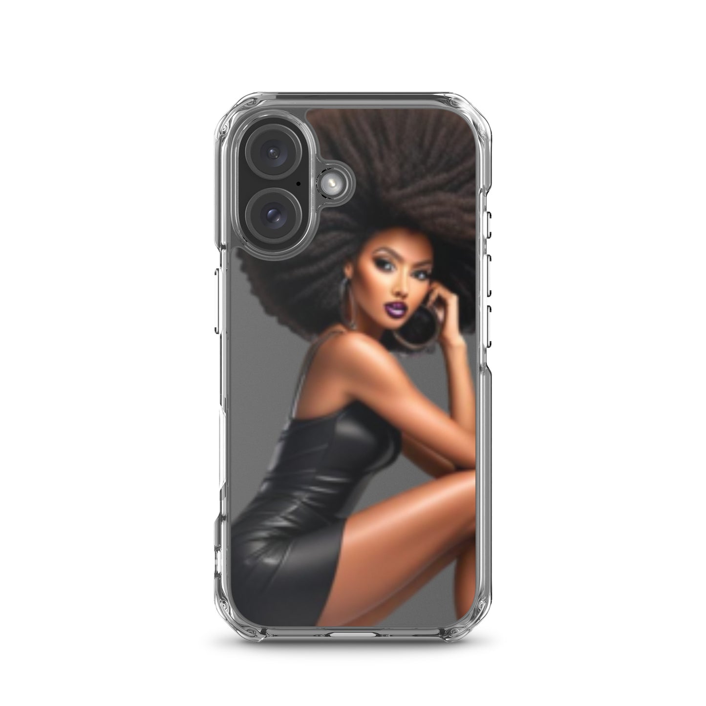 Stiletto Queen Clear iPhone® Case featuring a striking image of a confident Black woman with voluminous natural hair and bold makeup, embodying faith-inspired apparel and melanin-rich imagery.