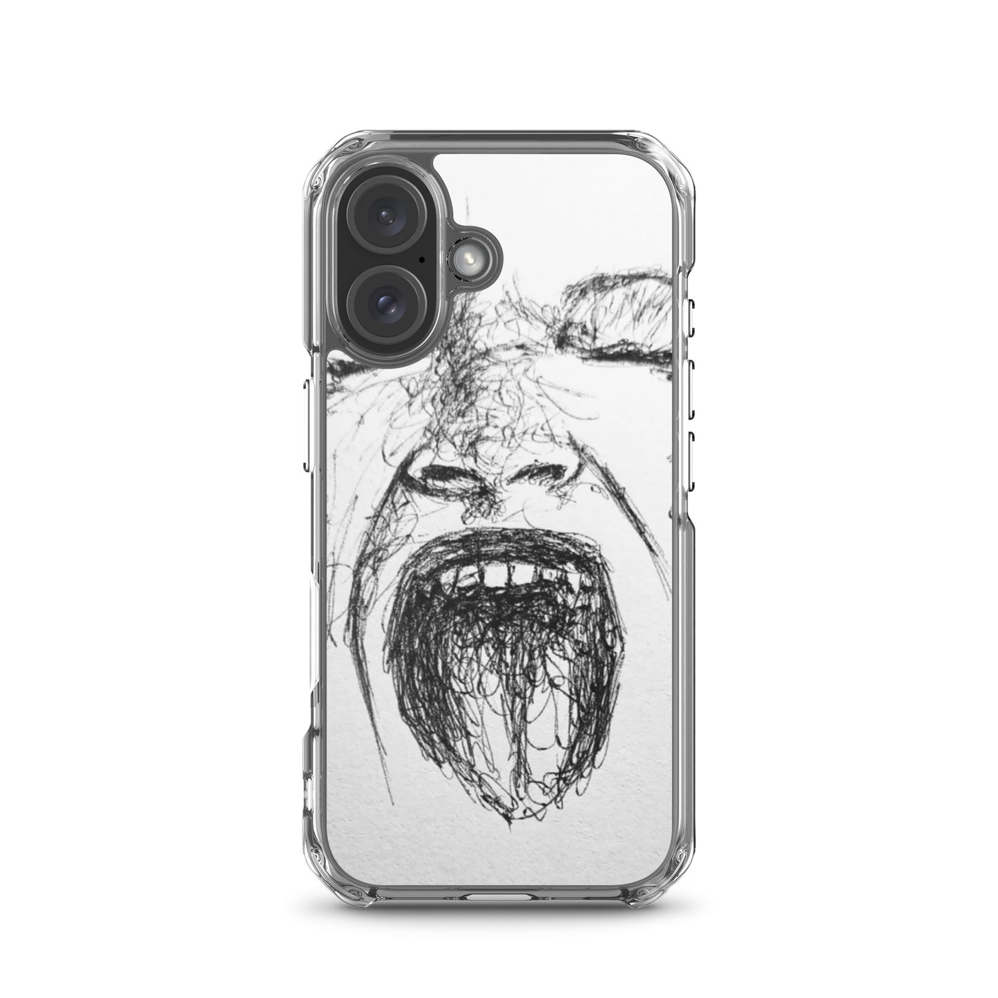 She Screams Clear iPhone® Case featuring a bold, expressive black sketch of a face screaming, blending faith-inspired purpose-driven messaging with melanin-rich artistic design.