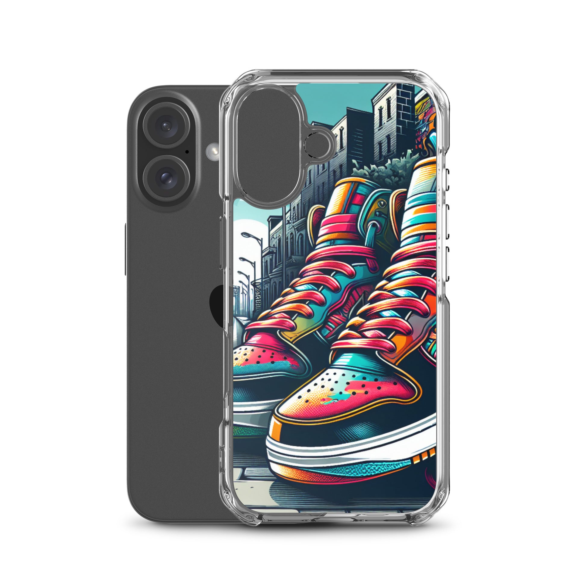 Clear Case – Sneaker on the Block phone case featuring vibrant, colorful sneaker artwork with urban cityscape background, blending faith-inspired style with melanin-rich imagery.