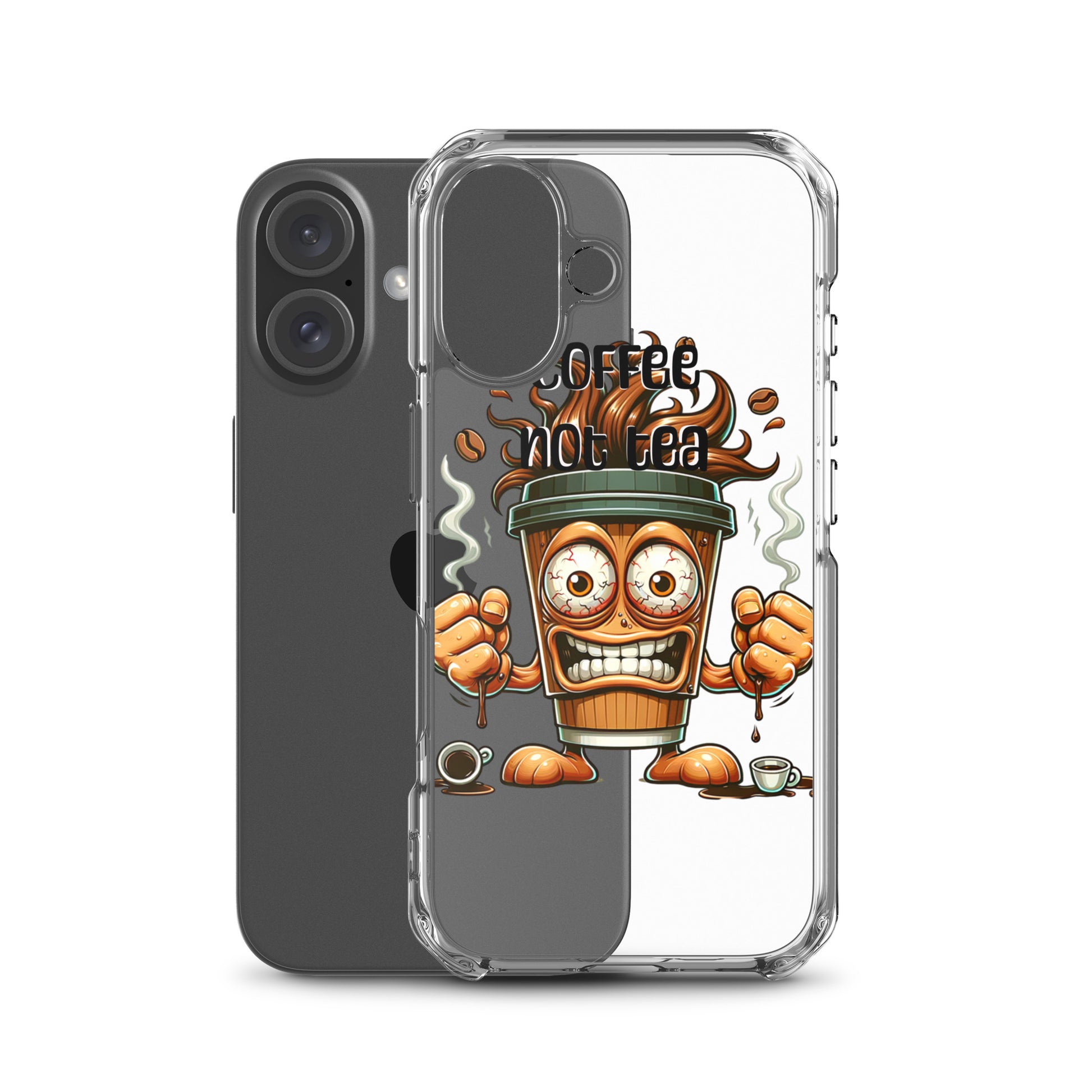 Clear iPhone® case featuring a lively cartoon coffee cup with steam and the phrase Coffee Not Tea, blending faith-inspired, purpose-driven messaging with melanin-rich imagery.