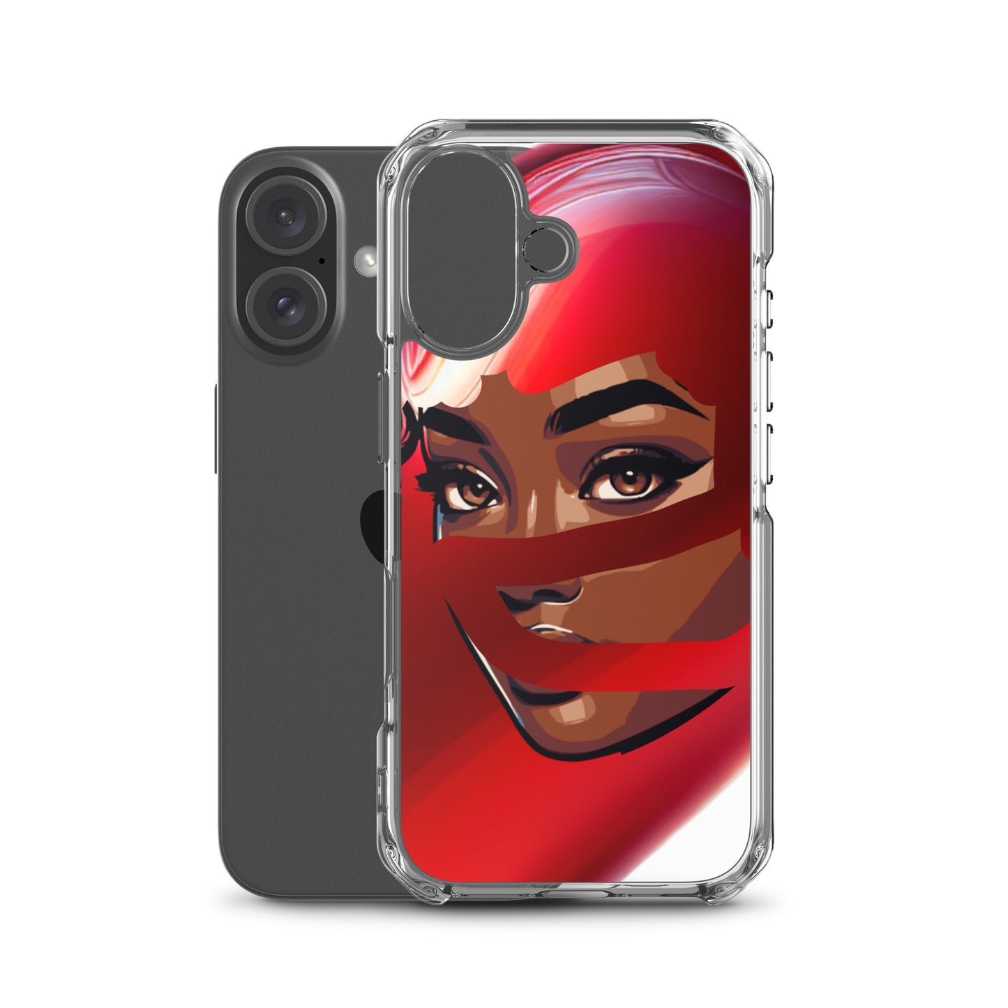 Clear iPhone® case featuring a vibrant red scarf design with a striking portrait of a woman, combining faith-inspired, melanin-rich imagery and purpose-driven messaging, Red Scarf Mystery Clear iPhone® Case.