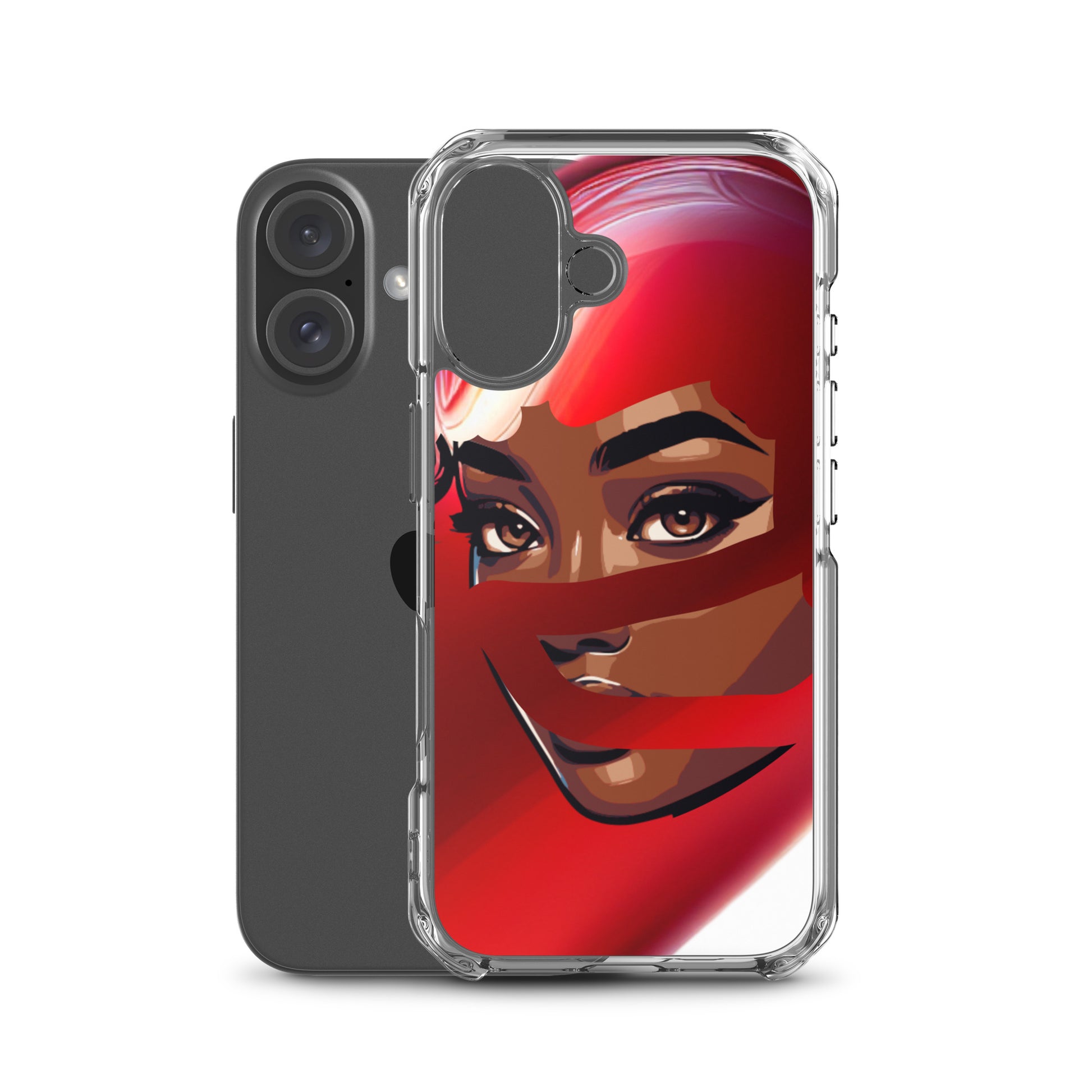Clear iPhone® case featuring a vibrant red scarf design with a striking portrait of a woman, combining faith-inspired, melanin-rich imagery and purpose-driven messaging, Red Scarf Mystery Clear iPhone® Case.