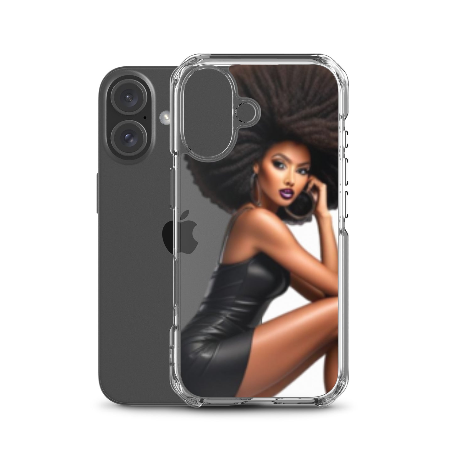 Clear protective phone cover featuring a stylish illustration of a confident Black woman with voluminous natural hair, designed for the Stiletto Queen Clear iPhone® Case.