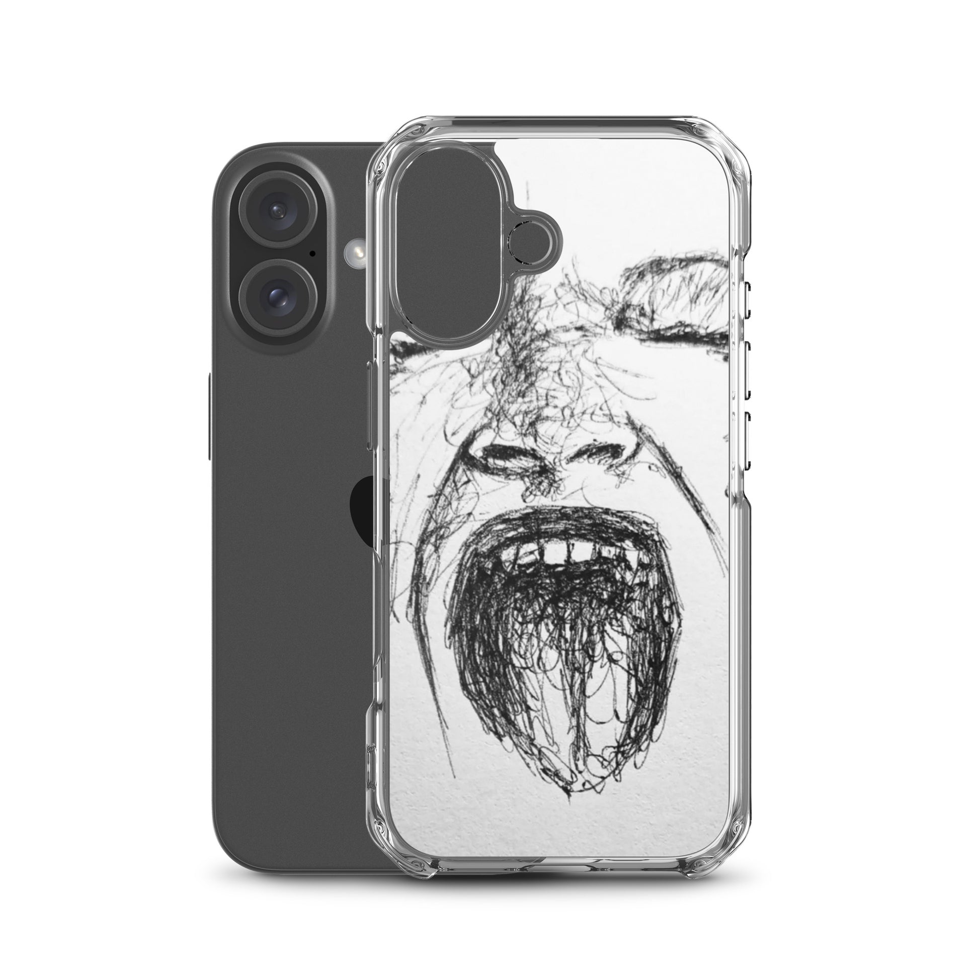 She Screams Clear iPhone® Case featuring a bold black sketch of a screaming face, offering protective clear design with faith-inspired and purpose-driven messaging.