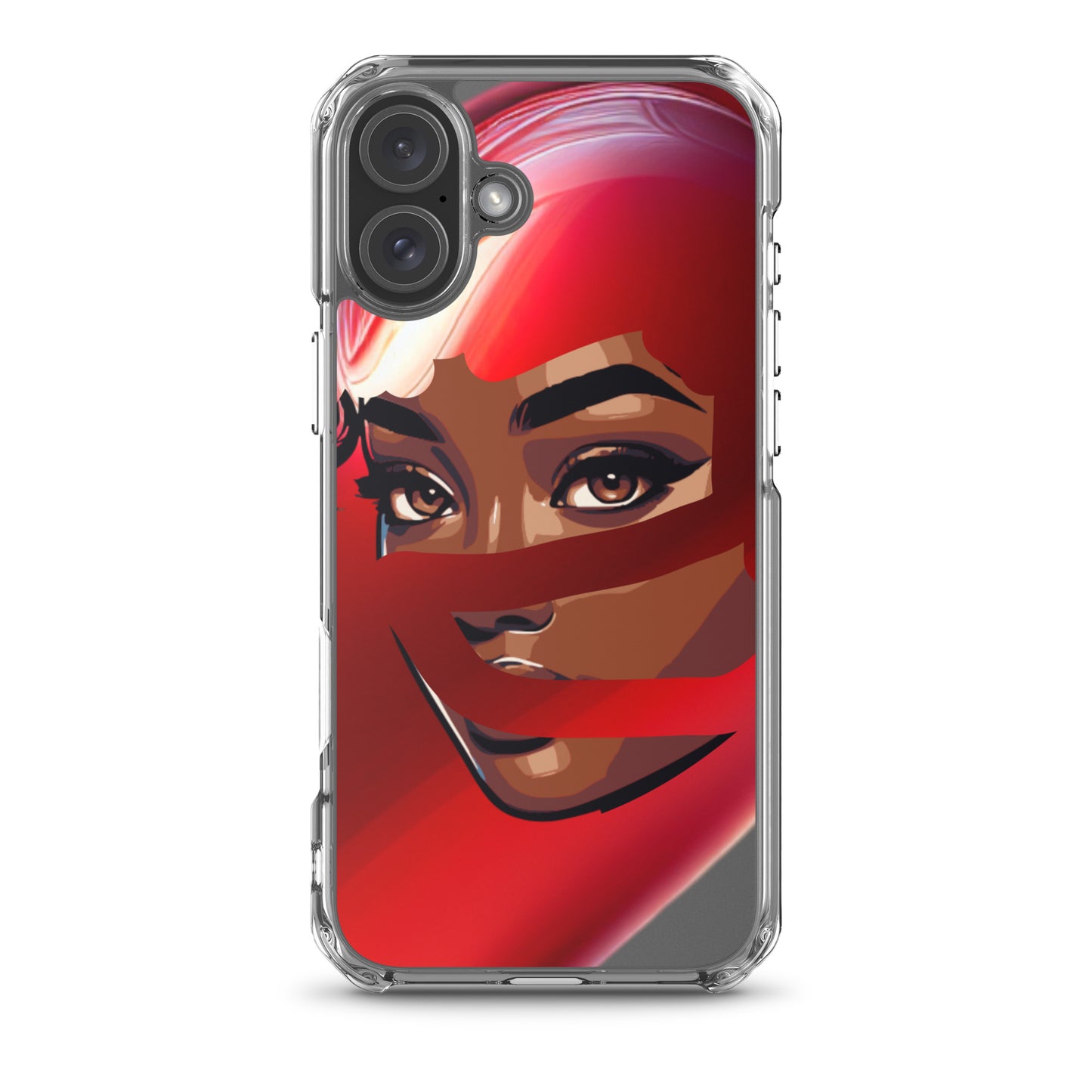 Red Scarf Mystery Clear iPhone® Case featuring vibrant melanin-rich artwork of a woman's face partially covered by a flowing red scarf, blending faith-inspired and purpose-driven messaging.