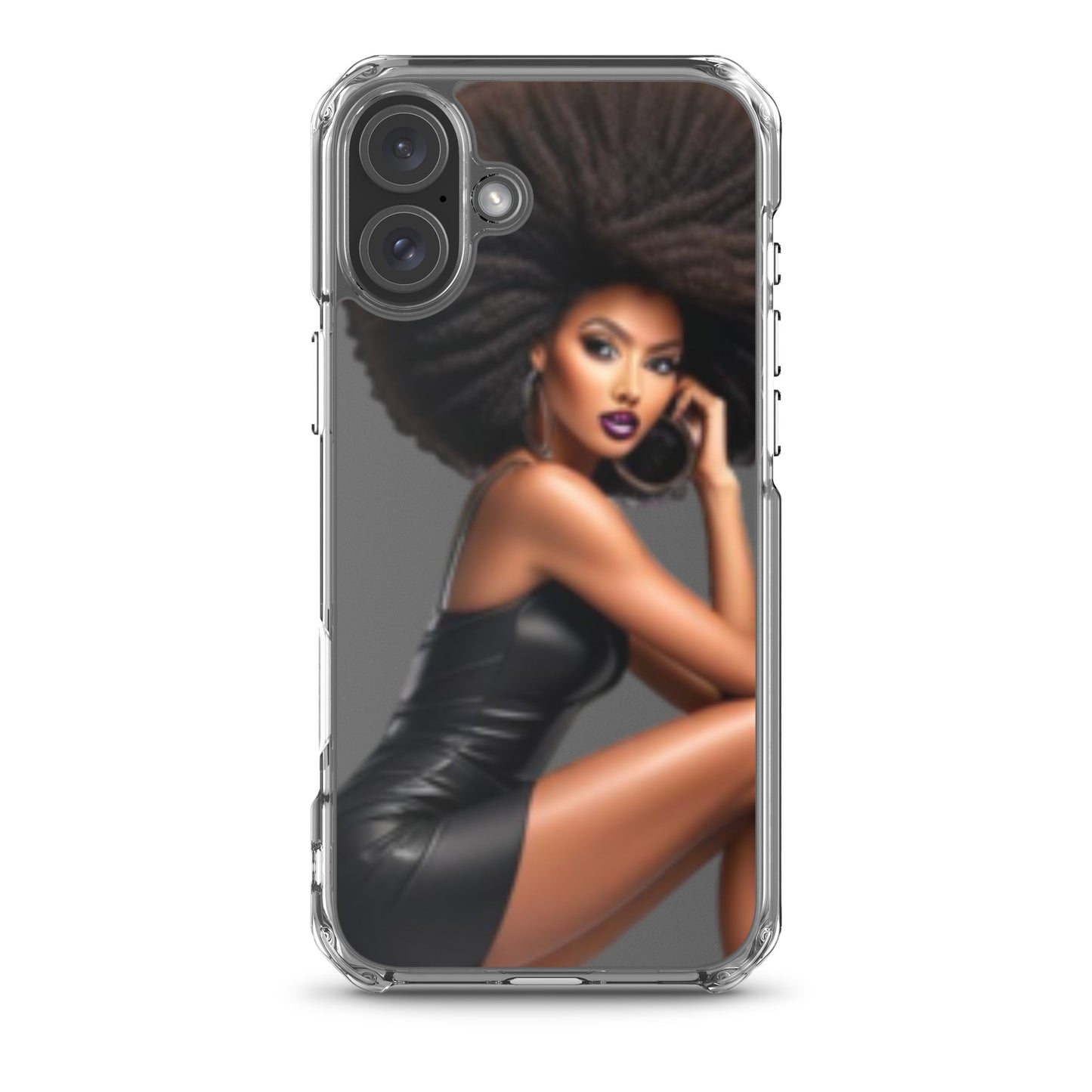 Clear iPhone® case featuring a bold, stylish illustration of a confident Black woman with natural hair and a sleek black dress, embodying melanin-rich imagery and purpose-driven messaging in the Stiletto Queen Clear iPhone® Case.