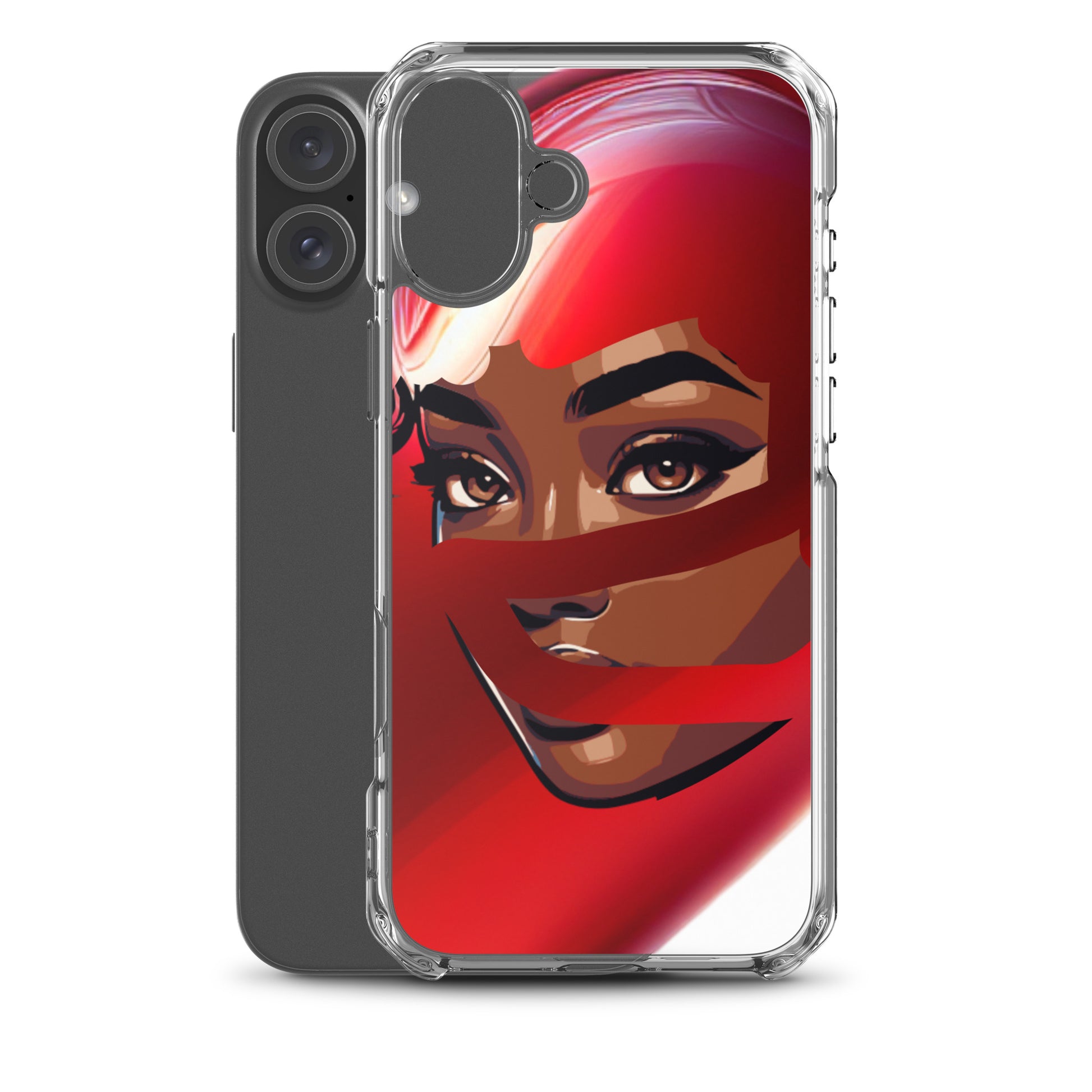 Clear protective phone case featuring bold artwork of a woman's face partially covered by red scarf accents, designed for the Red Scarf Mystery Clear iPhone® Case with faith-inspired and melanin-rich imagery.