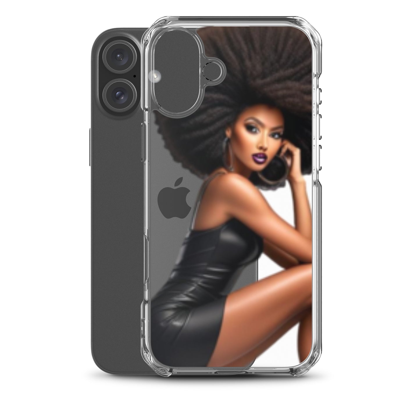 Clear protective Stiletto Queen Clear iPhone® Case featuring a striking illustration of a confident Black woman with voluminous hair and bold makeup, reflecting melanin-rich imagery and purpose-driven messaging.