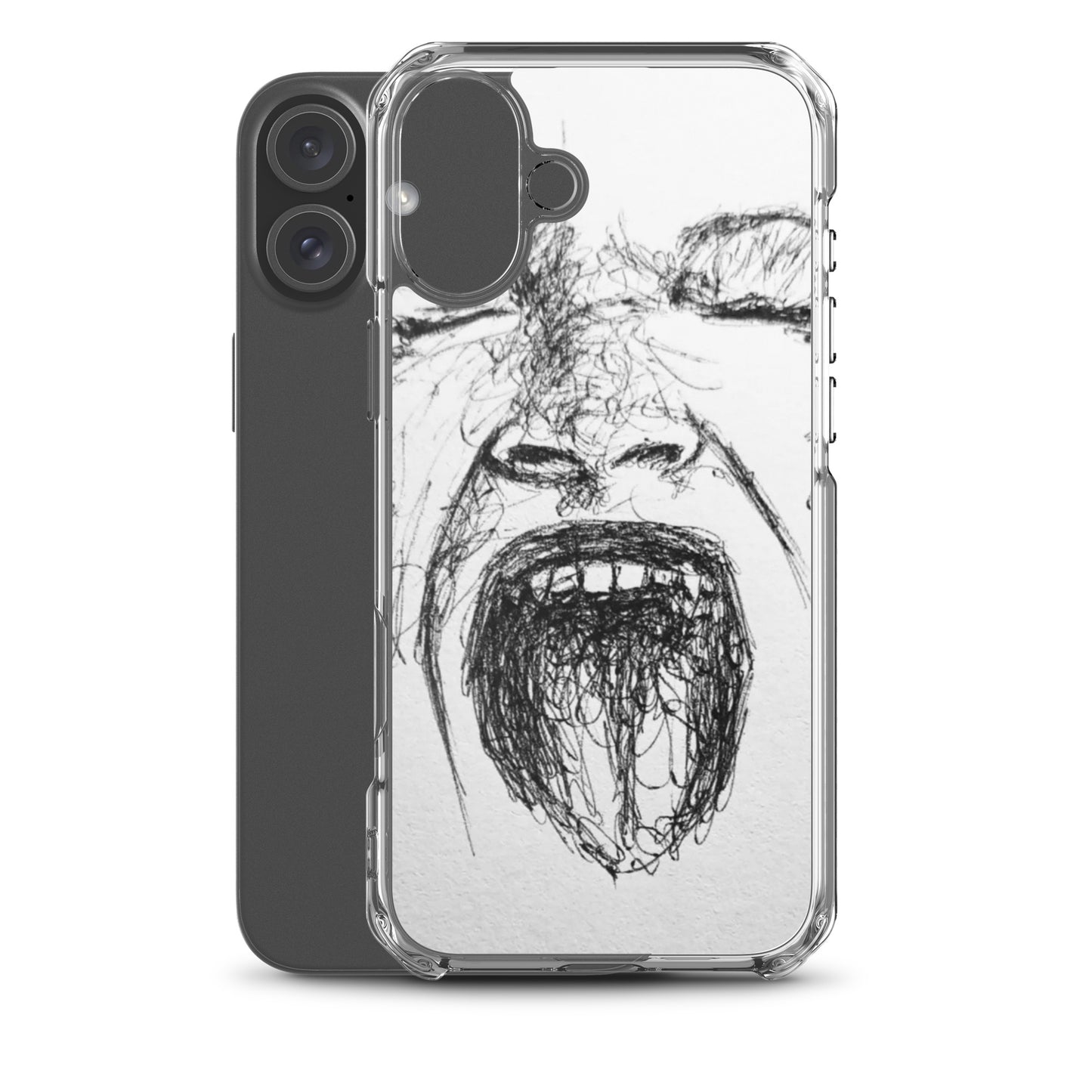 She Screams Clear iPhone® Case featuring a bold, abstract black sketch of a face screaming, combining faith-inspired design with purpose-driven messaging.