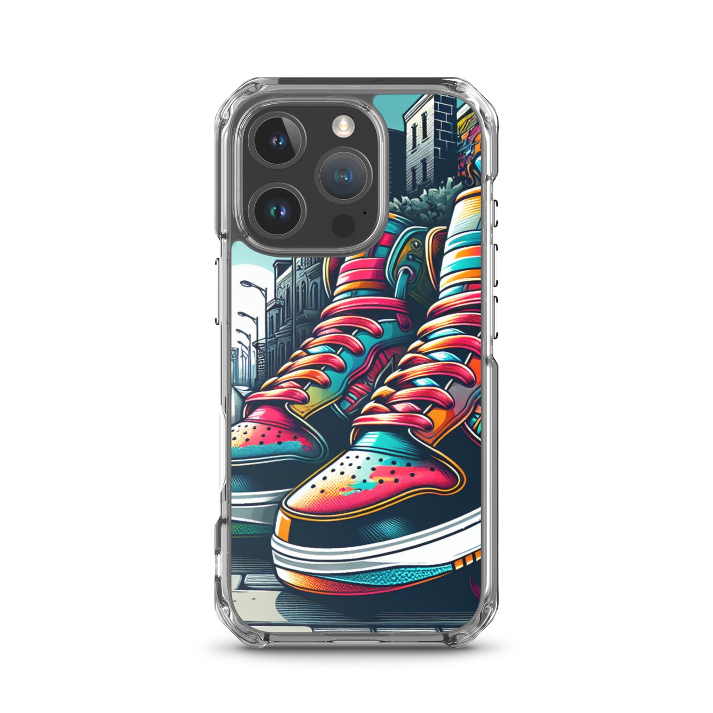 Clear Case – Sneaker on the Block featuring vibrant, colorful sneakers artwork on a protective phone case, capturing urban style and purpose-driven messaging with faith-inspired design.