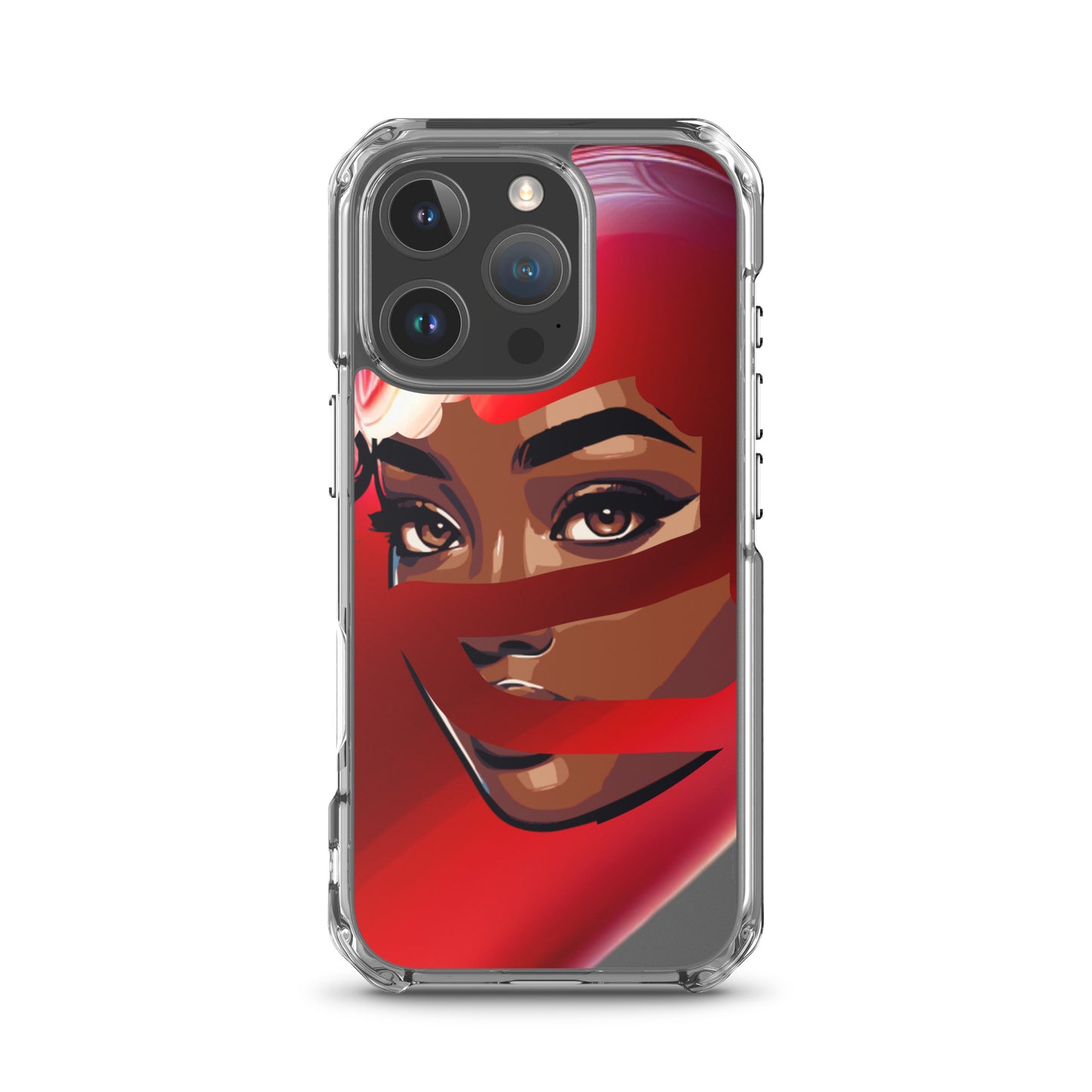 Clear protective phone case featuring a striking artistic portrait with red scarf design, embodying melanin-rich imagery and purpose-driven messaging in the Red Scarf Mystery Clear iPhone® Case.