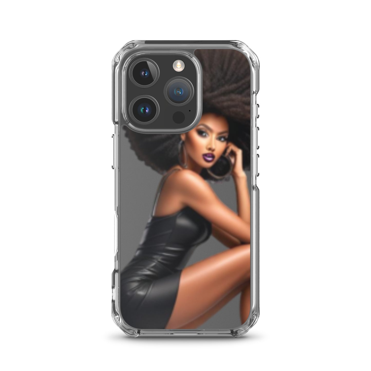 Stiletto Queen Clear iPhone® Case featuring a striking illustration of a confident Black woman with natural afro hair wearing a stylish black dress, showcasing melanin-rich imagery and purpose-driven messaging.