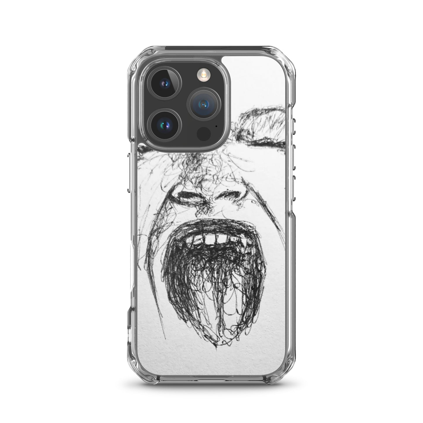 She Screams Clear iPhone® Case featuring a bold, abstract black sketch of a screaming face, showcasing purpose-driven artistry on a clear protective cover.
