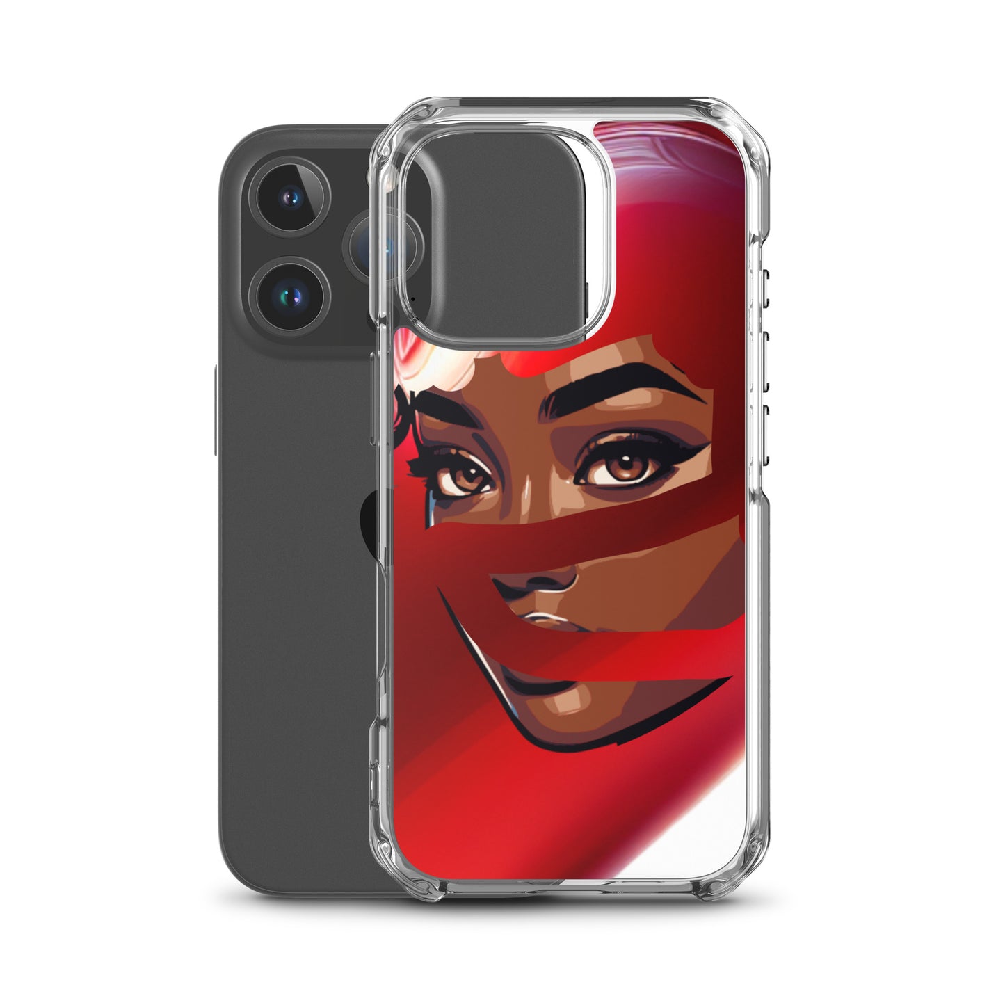 Clear iPhone® case featuring vibrant artwork of a woman's eyes framed by a flowing red scarf, combining melanin-rich imagery with faith-inspired purpose in the Red Scarf Mystery Clear iPhone® Case.