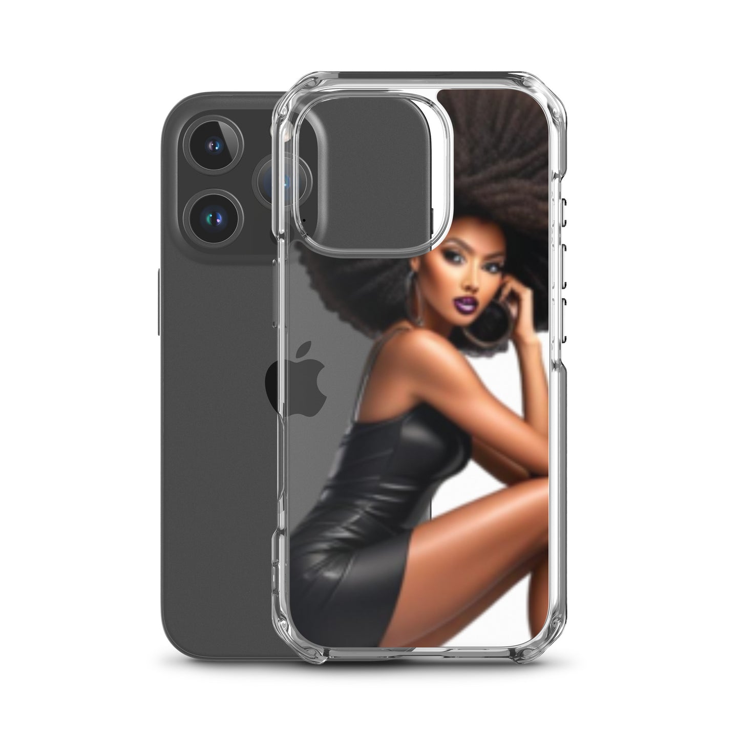 Clear iPhone® case featuring a stylish illustration of a confident Black woman with an afro wearing a black outfit, highlighting melanin-rich imagery in the Stiletto Queen Clear iPhone® Case.