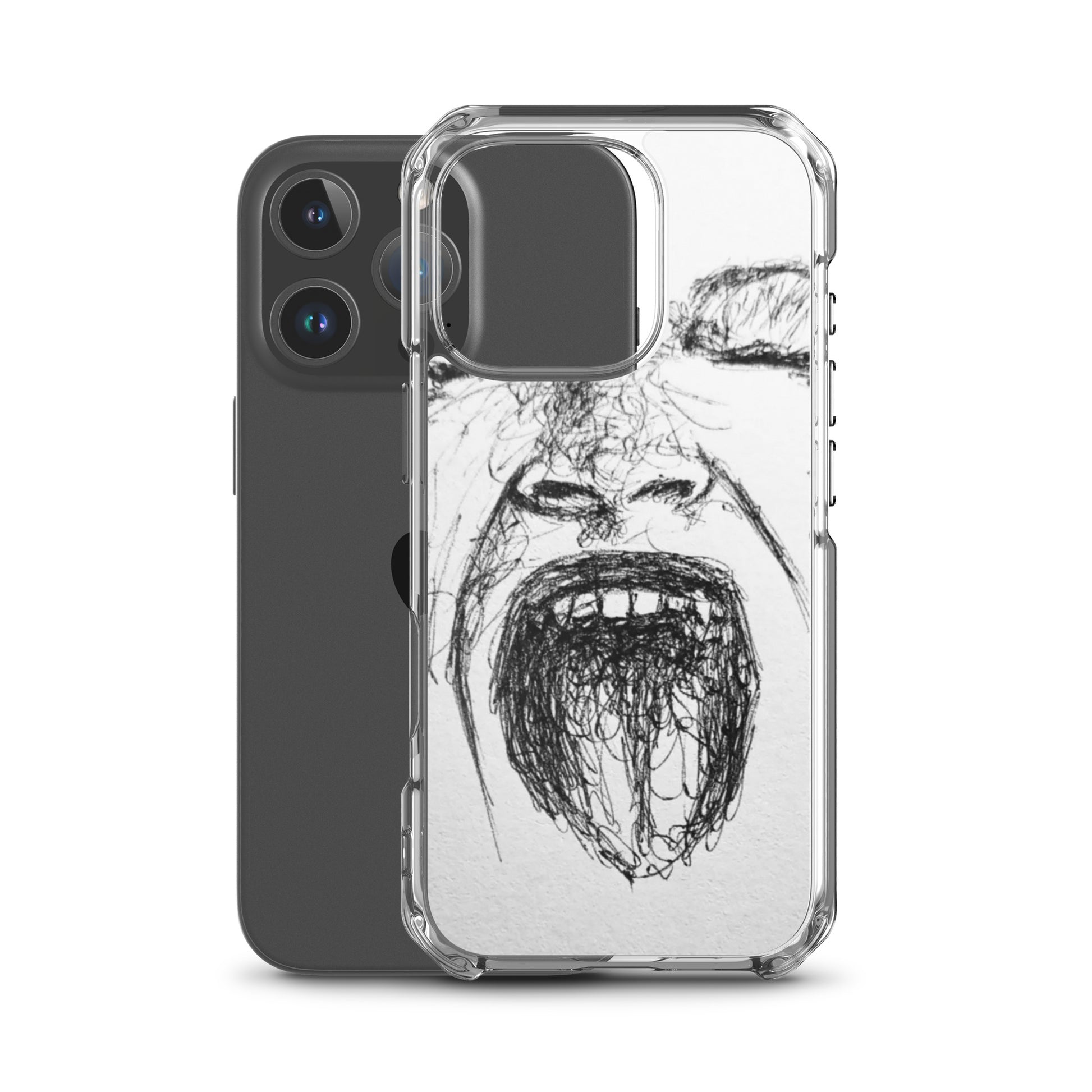 Clear protective She Screams Clear iPhone® Case featuring a bold, abstract black and white sketch of a face with mouth open, combining melanin-rich imagery and purpose-driven messaging.