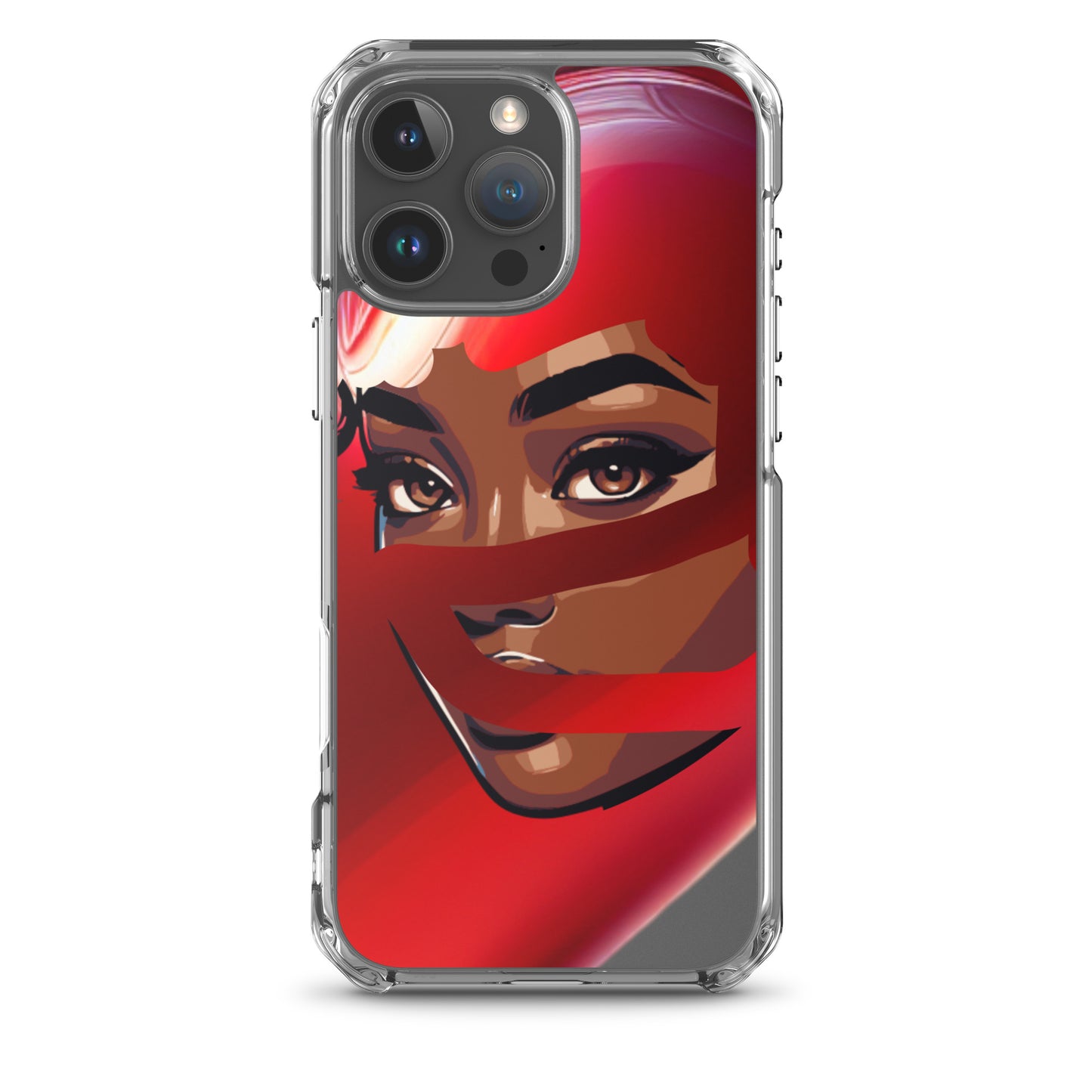 Clear iPhone® case featuring bold artwork of a confident woman partially covered in a red scarf, showcasing purpose-driven messaging with melanin-rich imagery titled Red Scarf Mystery Clear iPhone® Case.