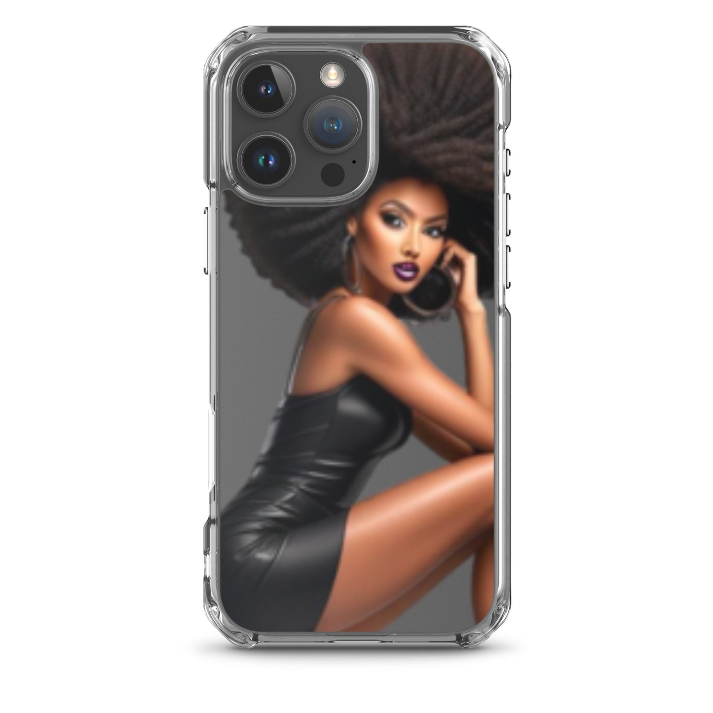 Clear iPhone® case featuring a stylish illustration of a confident Black woman with natural hair and bold makeup, blending melanin-rich imagery with faith-inspired design, Stiletto Queen Clear iPhone® Case.