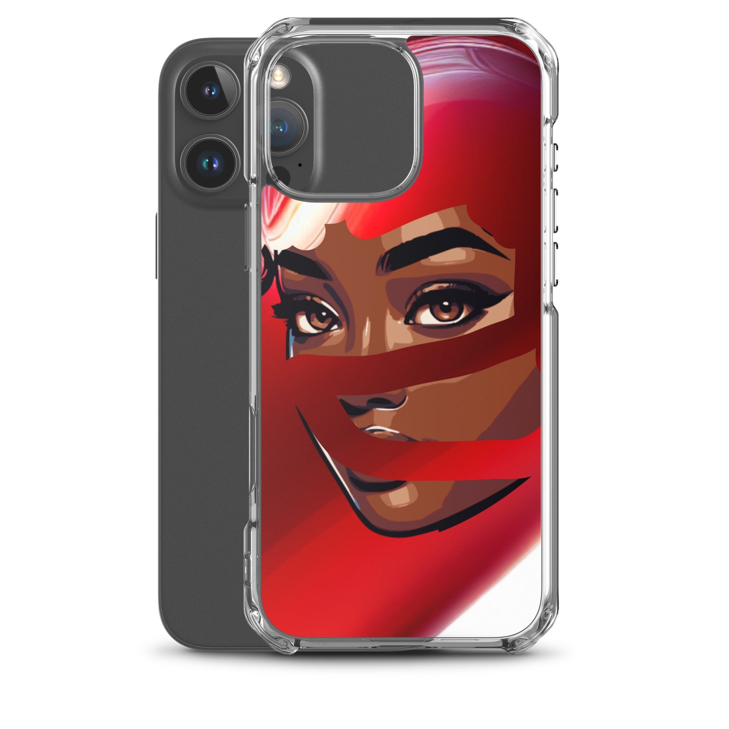 Clear iPhone® case featuring a vibrant, faith-inspired illustration of a woman wearing a red scarf, showcasing melanin-rich imagery and purpose-driven messaging. Red Scarf Mystery Clear iPhone® Case.