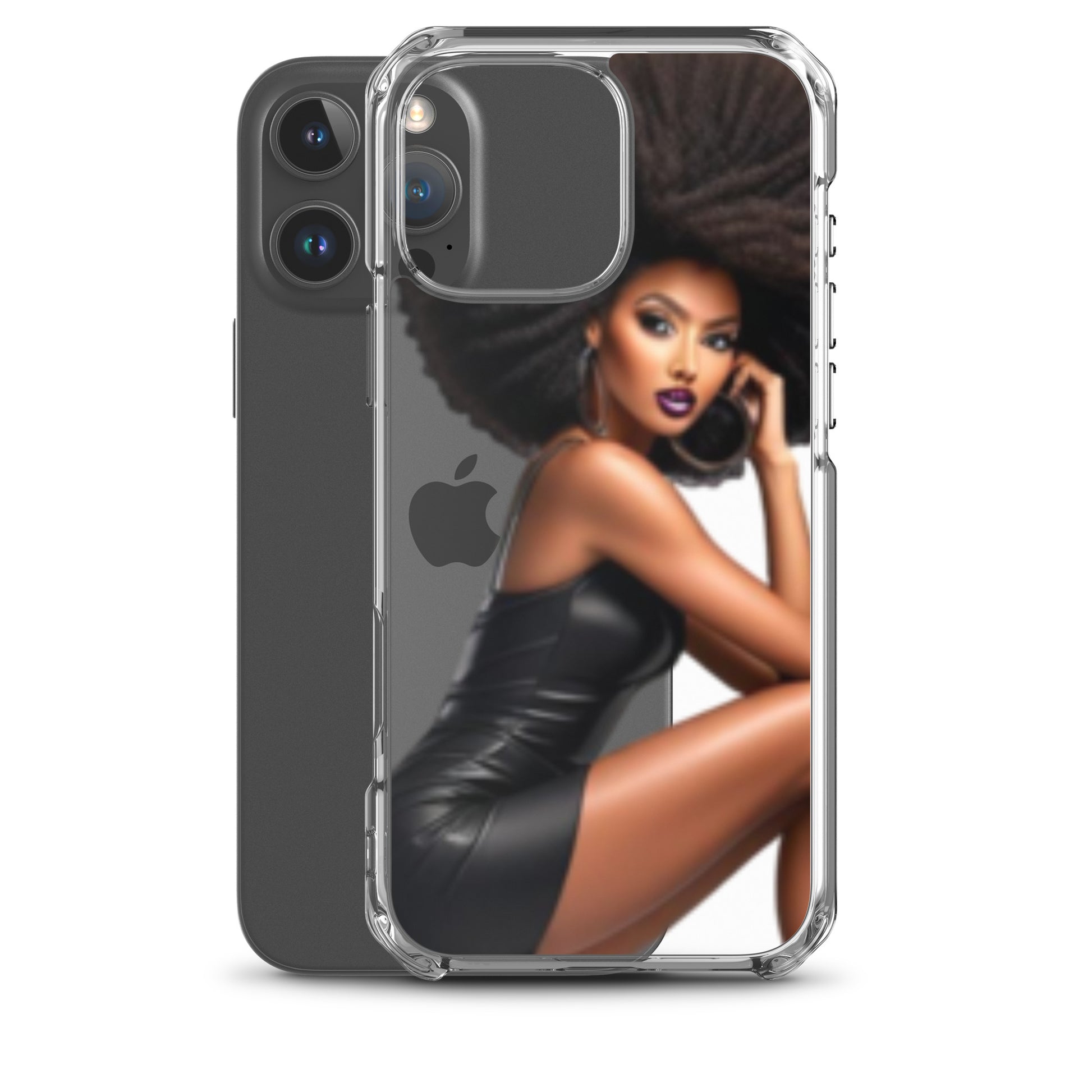 Stiletto Queen Clear iPhone® Case featuring a stylish Black woman with an afro and confident pose, blending faith-inspired apparel and purpose-driven messaging.