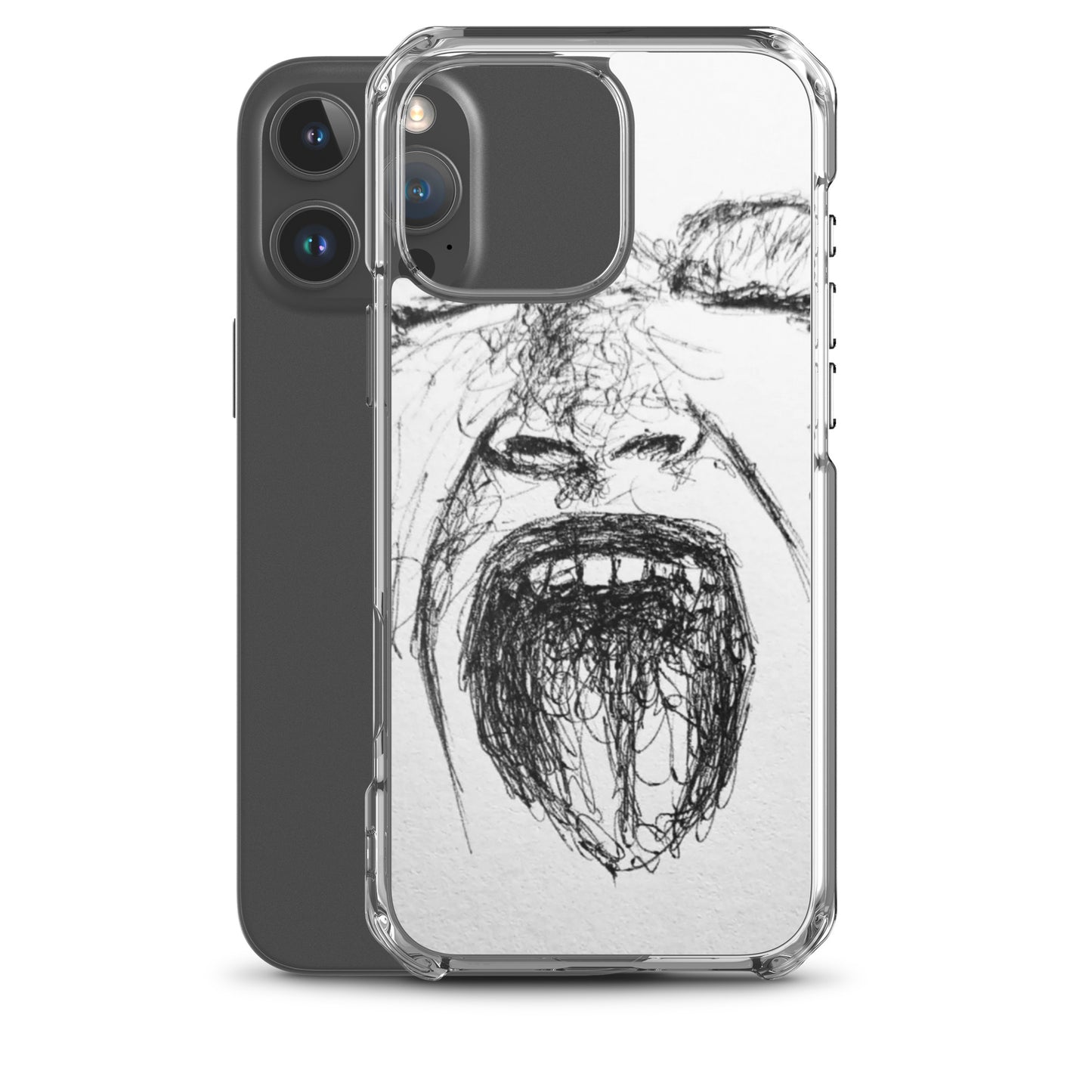 She Screams Clear iPhone® Case featuring an expressive, abstract black sketch design on a transparent background, blending faith-inspired artistry with purpose-driven messaging.