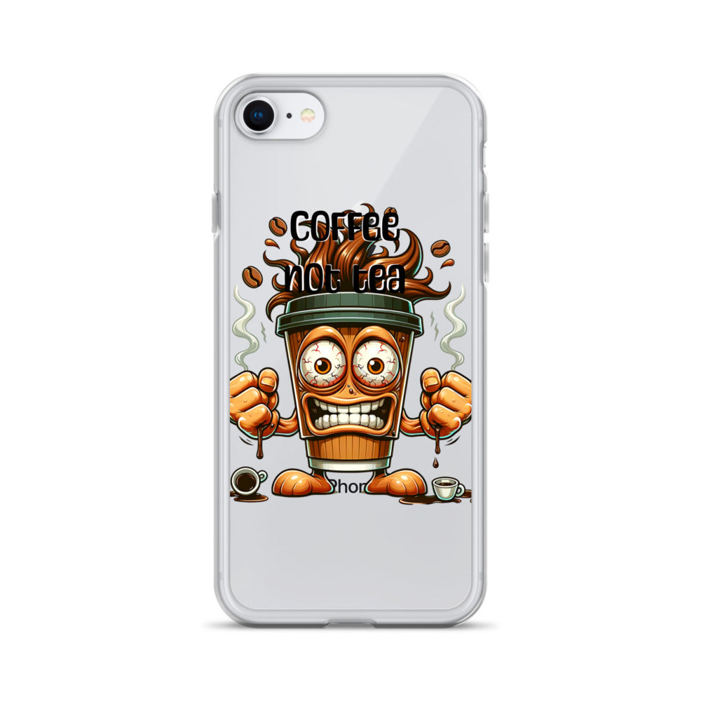 Clear iPhone® case featuring a lively, animated coffee cup with steam and the text Coffee Not Tea, combining faith-inspired apparel and purpose-driven messaging.