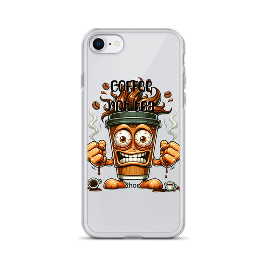 Clear iPhone® case featuring a lively, animated coffee cup with steam and the text Coffee Not Tea, combining faith-inspired apparel and purpose-driven messaging.