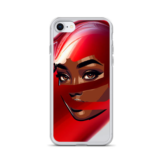 Clear iPhone® case featuring a vibrant design of a woman's face partially covered by a flowing red scarf, blending art and faith-inspired purpose in the Red Scarf Mystery Clear iPhone® Case.