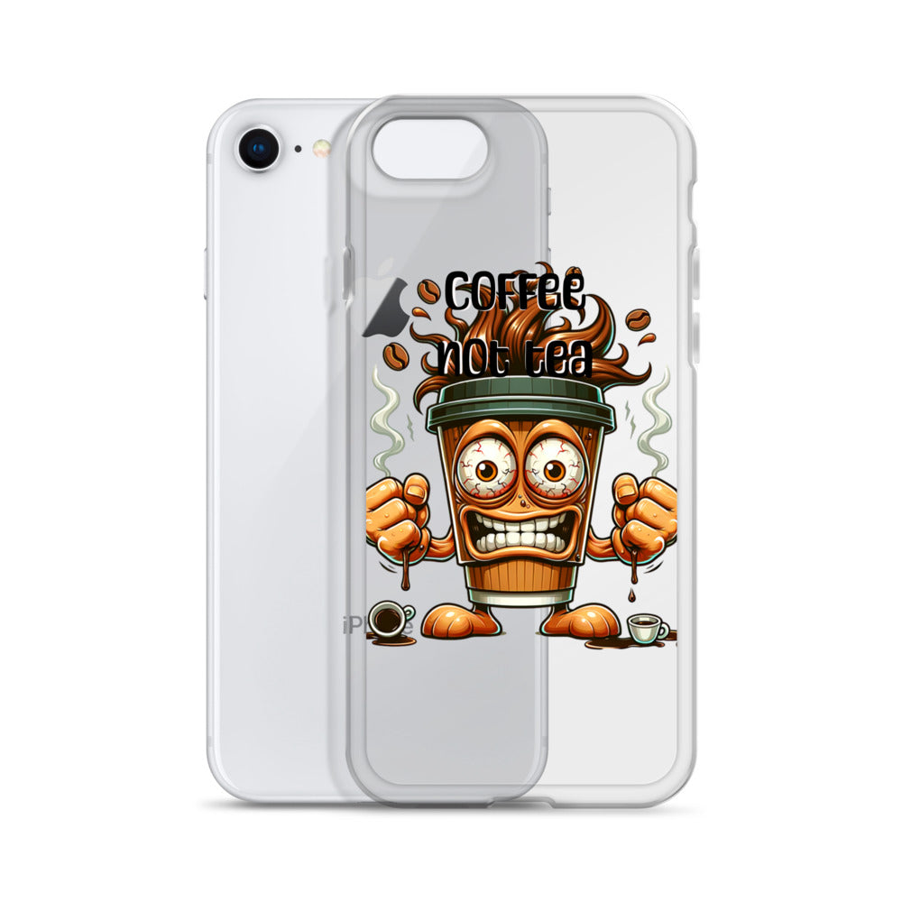 Clear iPhone® Case featuring a bold cartoon coffee cup with steam, clenched fists, and the text "Coffee Not Tea," blending faith-inspired purpose-driven messaging and melanin-rich imagery.