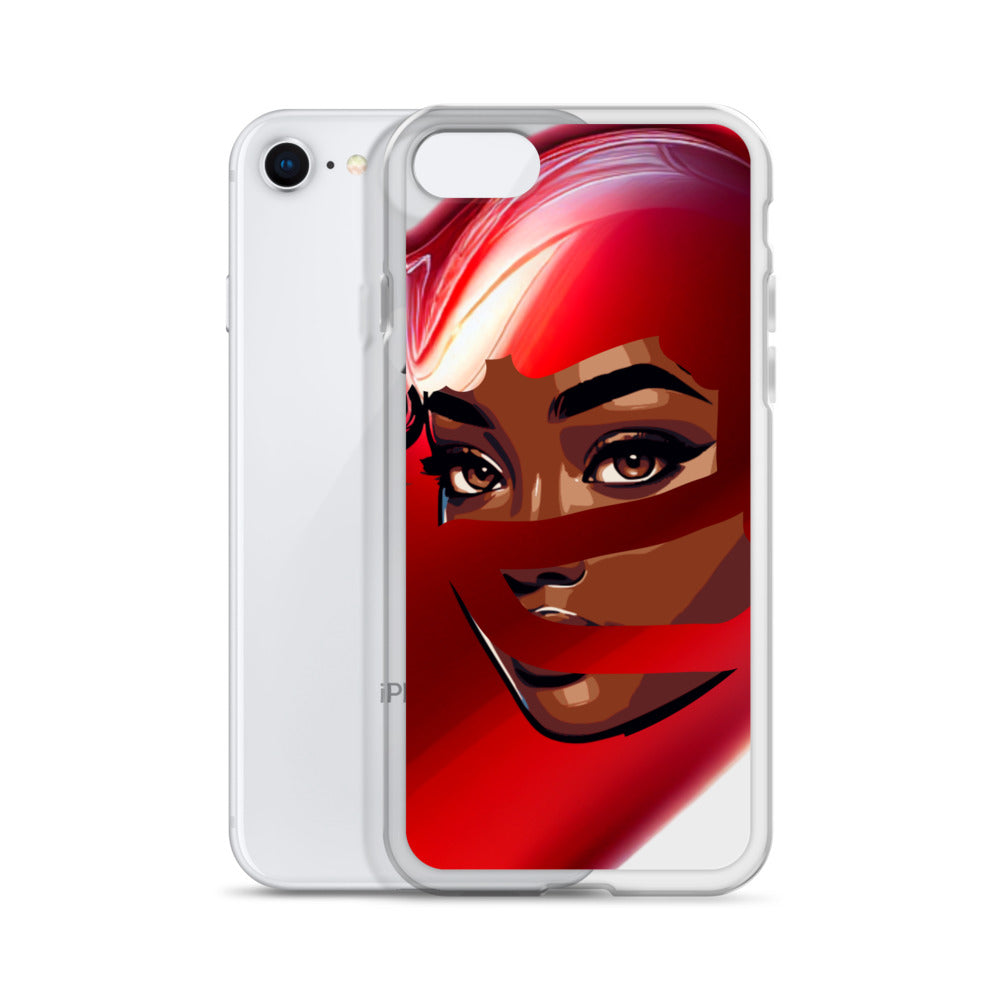 Red Scarf Mystery Clear iPhone® Case featuring an artistic illustration of a woman with a red scarf, highlighting melanin-rich imagery and purpose-driven messaging.