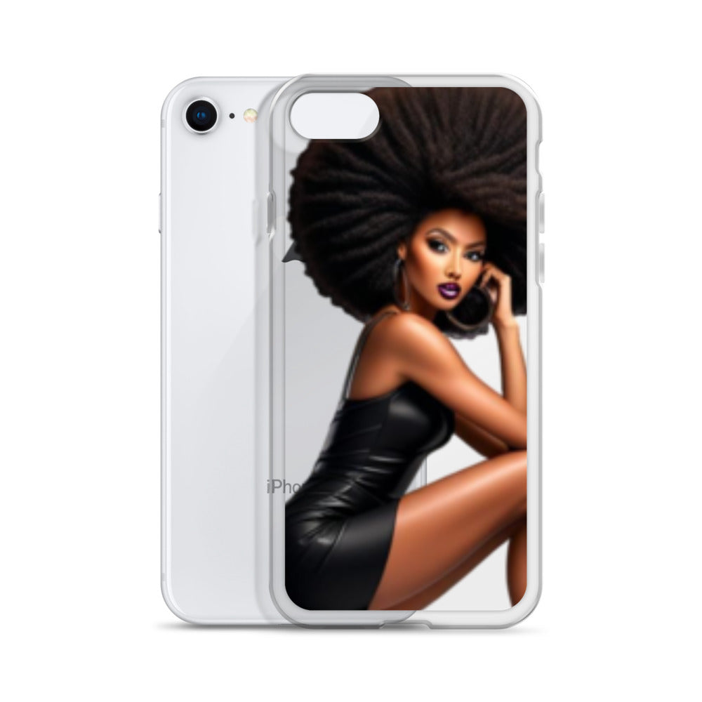 Stiletto Queen Clear iPhone® Case featuring a bold illustration of a confident Black woman with voluminous natural hair and fashionable black outfit, celebrating melanin-rich imagery and purpose-driven style.
