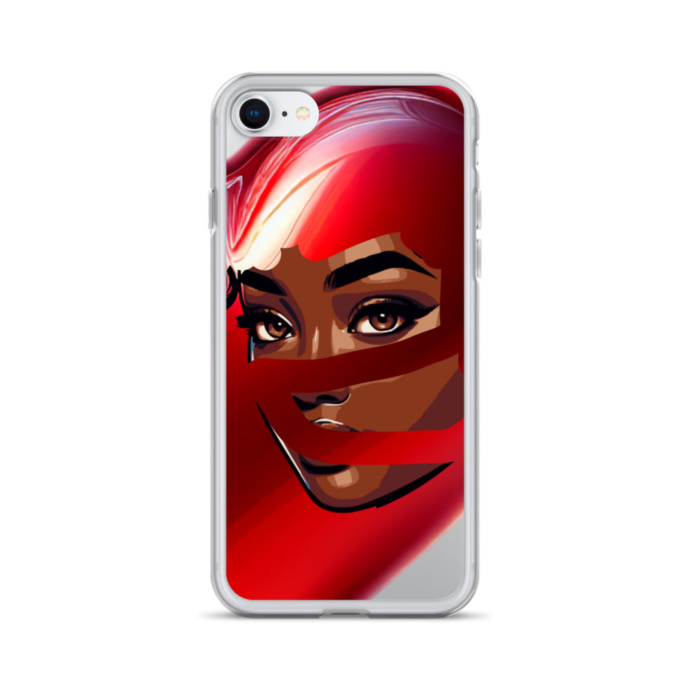 Clear iPhone® case featuring a vibrant artistic design of a woman with a red scarf, combining faith-inspired apparel and purpose-driven messaging in the Red Scarf Mystery Clear iPhone® Case.