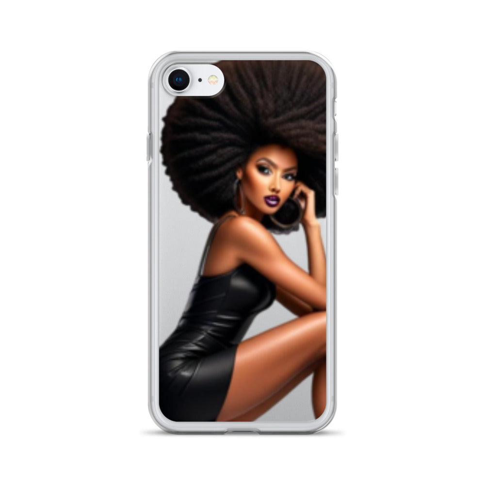 Stiletto Queen Clear iPhone® Case featuring a striking illustration of a confident Black woman with voluminous natural hair in a sleek black dress, showcasing melanin-rich imagery and purpose-driven style.