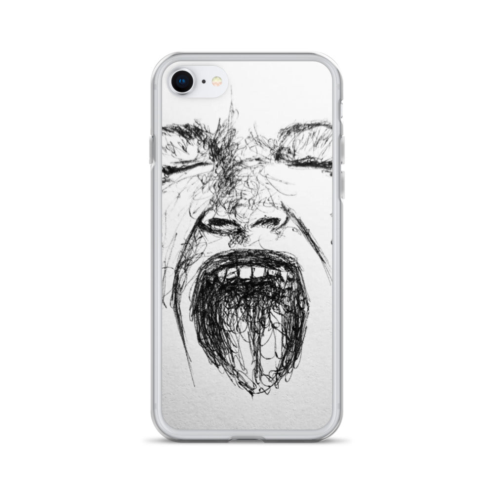 Clear iPhone® case featuring an abstract black sketch of a screaming face, combining artistic expression with protection in the She Screams Clear iPhone® Case.