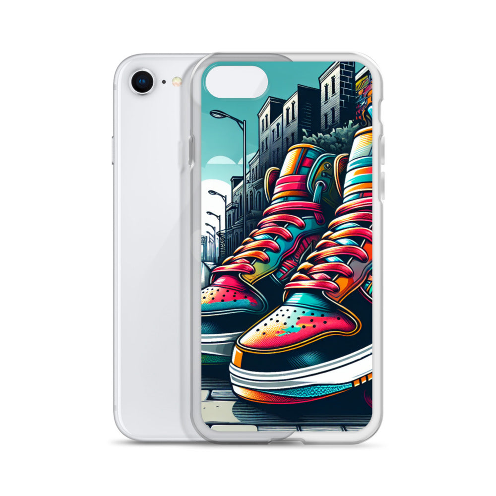 Clear Case – Sneaker on the Block featuring vibrant, artistic sneakers with urban cityscape background, blending melanin-rich imagery and purpose-driven messaging for faith-inspired style.