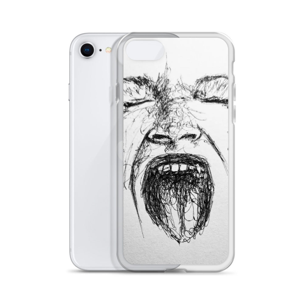 She Screams Clear iPhone® Case features an artistic black sketch of a screaming face on a transparent protective cover, combining melanin-rich imagery with purpose-driven messaging.