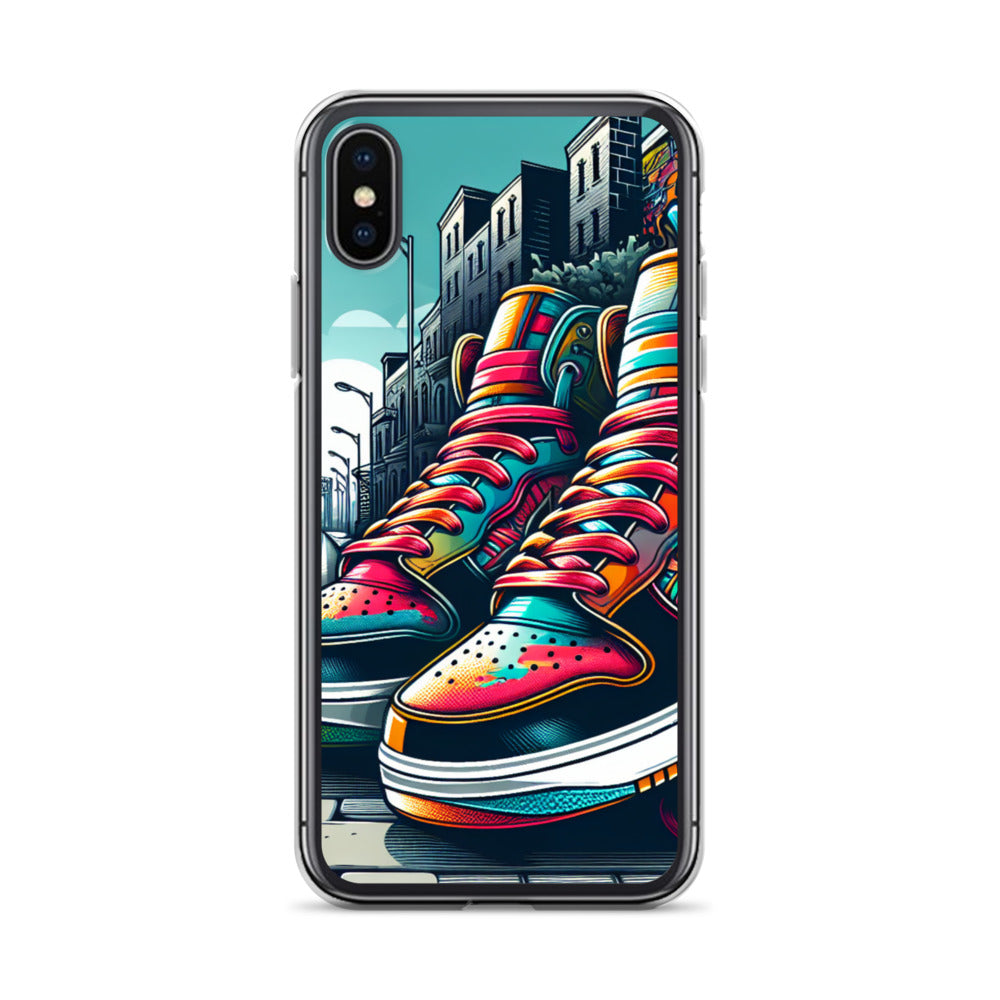 Clear Case – Sneaker on the Block featuring vibrant sneaker artwork with colorful laces against an urban street background, combining melanin-rich imagery with purpose-driven design.