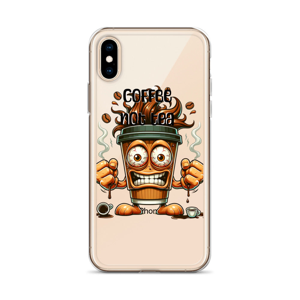 Coffee Not Tea Clear iPhone® Case featuring a lively coffee cup character with steam, coffee beans, and bold text, inspired by faith-driven, melanin-rich imagery and purpose-driven messaging.