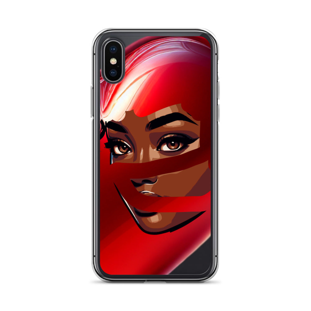 Clear iPhone® case featuring a vibrant digital illustration of a woman with melanin-rich skin partially covered by a flowing red scarf, titled Red Scarf Mystery Clear iPhone® Case.