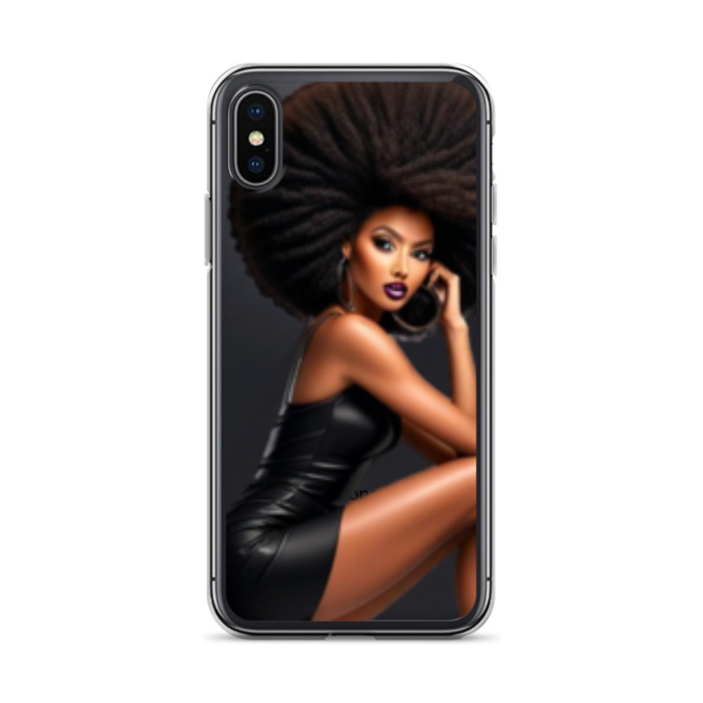 Stiletto Queen Clear iPhone® Case featuring a striking illustration of a confident Black woman with an afro hairstyle, wearing a sleek black dress, embodying faith-inspired apparel and melanin-rich imagery.