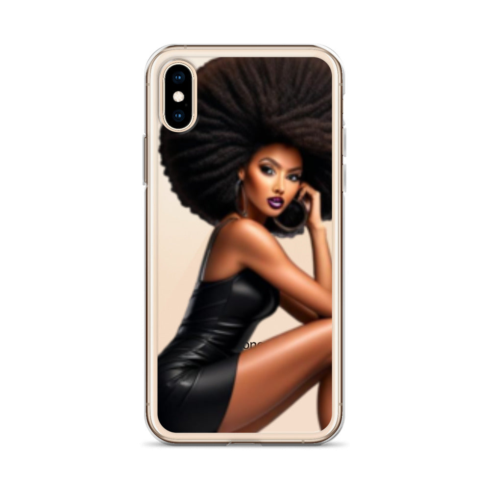 Clear phone case featuring a striking illustration of a confident Black woman with natural hair and bold makeup, designed on the Stiletto Queen Clear iPhone® Case.