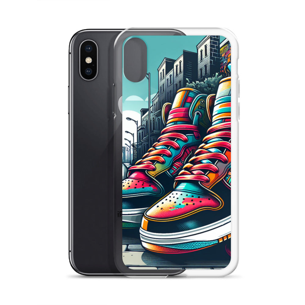 Clear Case – Sneaker on the Block featuring vibrant sneaker artwork with an urban cityscape background, showcasing purpose-driven faith-inspired design with melanin-rich imagery.