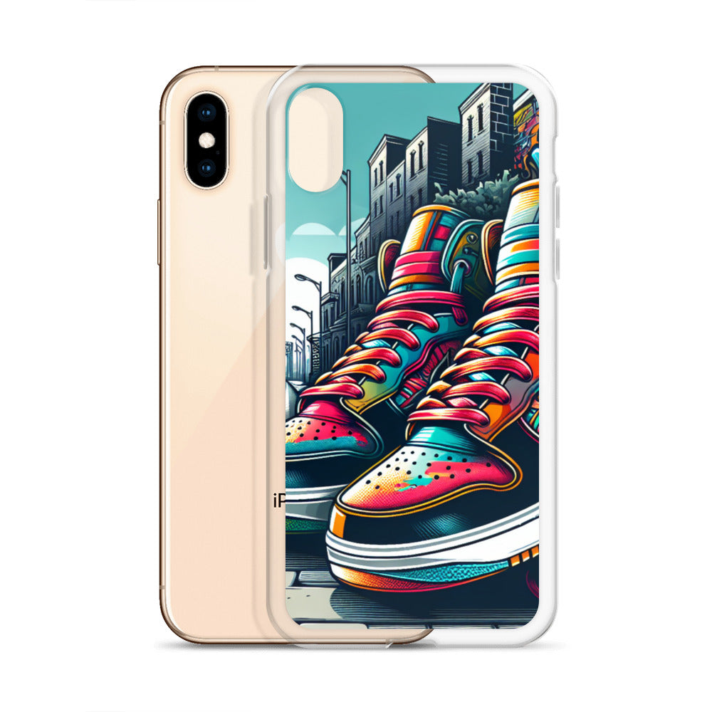 Clear Case – Sneaker on the Block featuring vibrant sneaker artwork with bright colors against an urban street background, blending style with faith-inspired apparel and purpose-driven messaging.