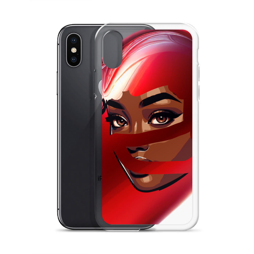 Clear phone case featuring a vibrant red scarf design with a mysterious woman's face, showcasing melanin-rich imagery on the Red Scarf Mystery Clear iPhone® Case.