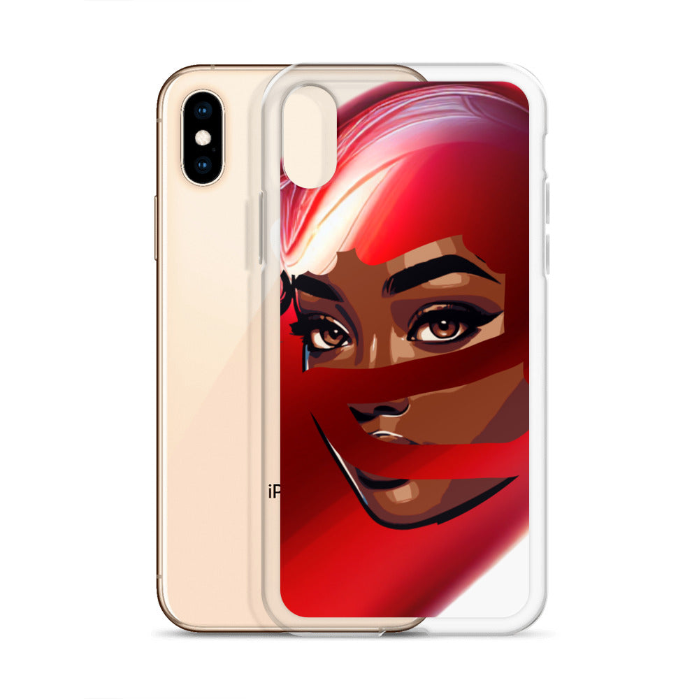 Red Scarf Mystery Clear iPhone® Case featuring vibrant melanin-rich artwork of a confident woman wrapped in a flowing red scarf, blending faith-inspired design and purpose-driven messaging.