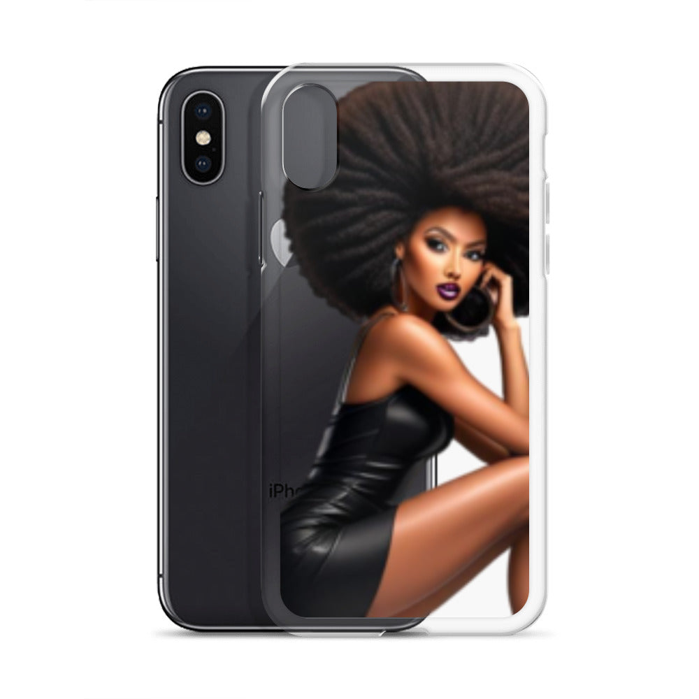 Stiletto Queen Clear iPhone® Case featuring a stylish Black woman with voluminous natural hair and bold makeup, blending melanin-rich imagery with faith-inspired design.